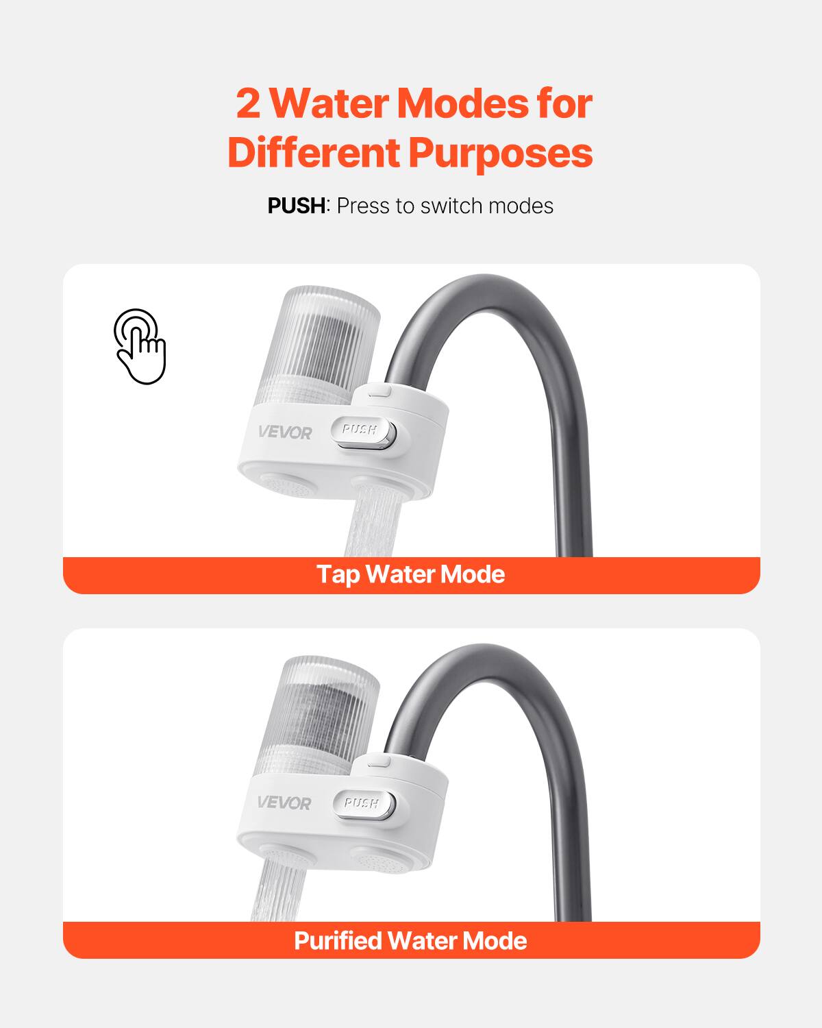 2 Water Modes for Different Purposes
PUSH: Press to switch modes

VEVOR PUSH
Tap Water Mode

VEVOR PUSH
Purified Water Mode