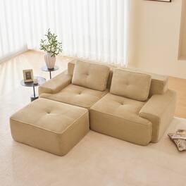 Anysun - 82" L-Shape Corduroy Sectional Sofa with Ottoman - 2-Seat Deep-Seat Couch, Pearl Piping, Tufted, No Assembly - Camel