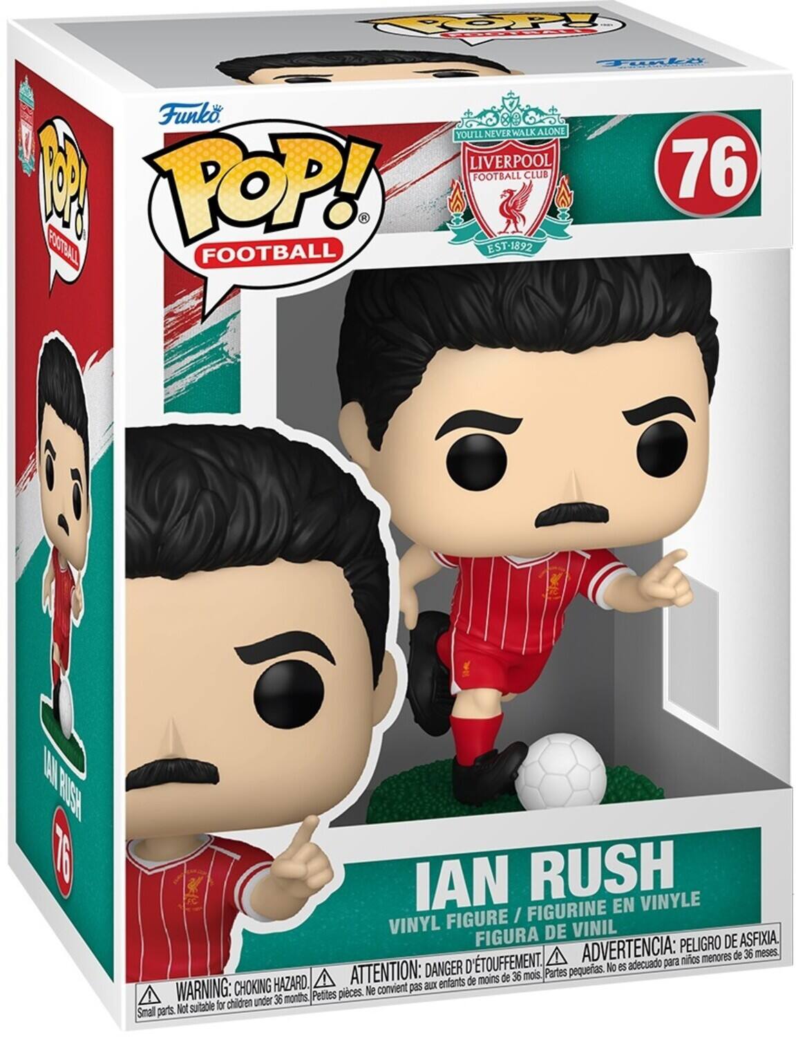 Sure, here is the corrected and grouped text from the image:

---

**Funko POP! FOOTBALL**

**YOU'LL NEVER WALK ALONE**

**LIVERPOOL FOOTBALL CLUB**

**EST. 1892**

**76**

**IAN RUSH**

**VINYL FIGURE / FIGURINE EN VINYLE / FIGURA DE VINIL**

**WARNING: CHOKING HAZARD. Small parts. Not suitable for children under 36 months.**

**ATTENTION: DANGER D'ÉTOUFFEMENT. Petites pièces. Ne convient pas aux enfants de moins de 36 mois.**

**ADVERTENCIA: PELIGRO DE ASFIXIA. Partes pequeñas. No es adecuado para niños menores de 36 meses.**

---

This text is organized to reflect the information on the packaging of the Funko Pop! figure.