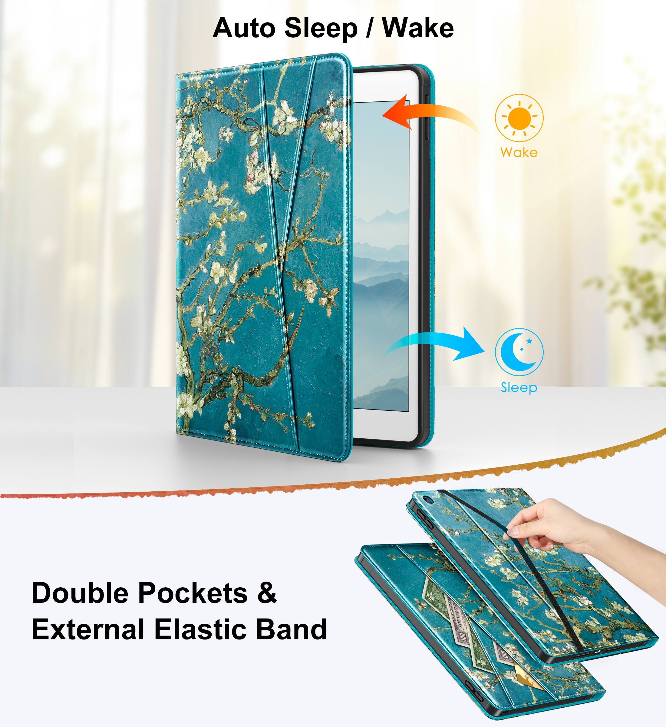 Auto Sleep / Wake

Double Pockets & External Elastic Band