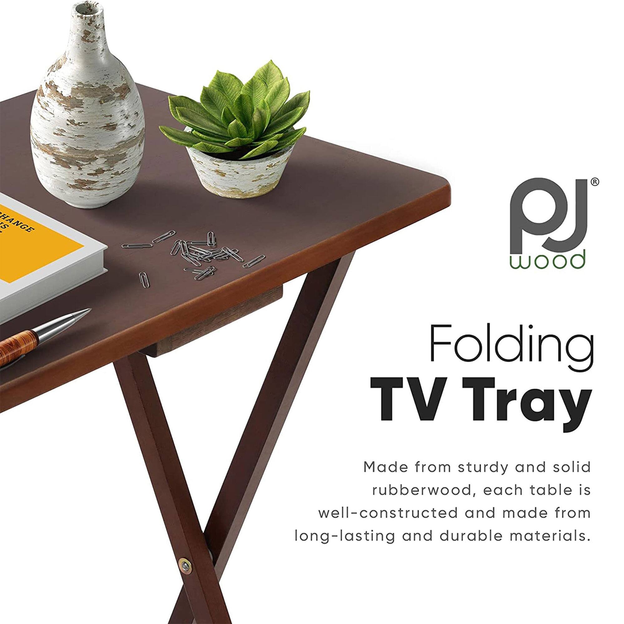 PJ Wood Folding TV Tray  
Made from sturdy and solid rubberwood, each table is well-constructed and made from long-lasting and durable materials.