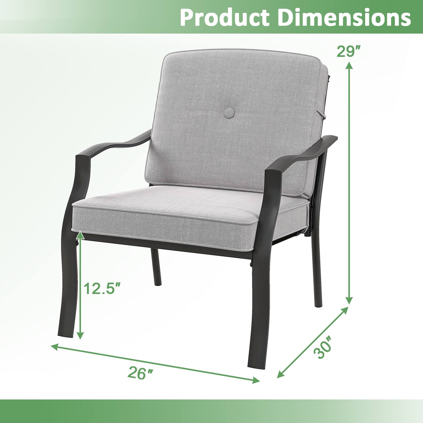 Product Dimensions

- Height: 29"
- Width: 30"
- Depth: 26"
- Armrest Height: 12.5"