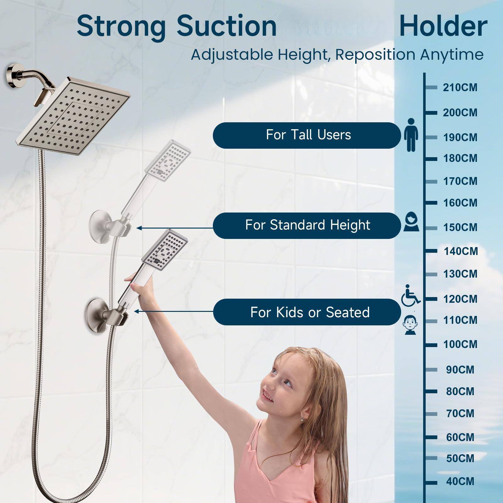 Strong Suction Holder  
Adjustable Height, Reposition Anytime  

For Tall Users  
210CM  
200CM  
190CM  
180CM  
170CM  
160CM  

For Standard Height  
150CM  
140CM  
130CM  

For Kids or Seated  
120CM  
110CM  
100CM  
90CM  
80CM  
70CM  
60CM  
50CM  
40CM