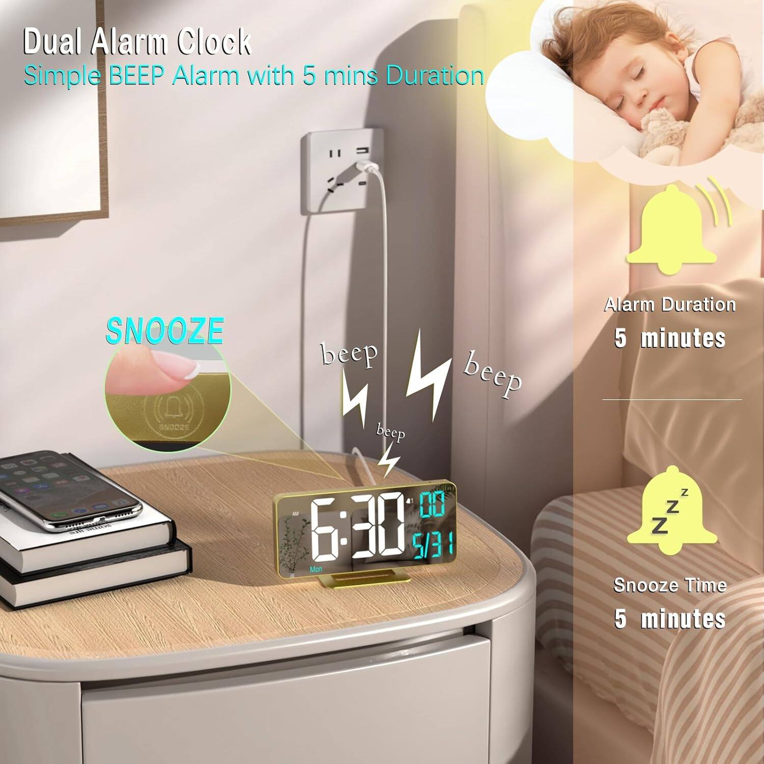 Dual Alarm Clock  
Simple BEEP Alarm with 5 mins Duration  

- Alarm Duration: 5 minutes  
- Snooze Time: 5 minutes  

6:30  
5/31  
Mon