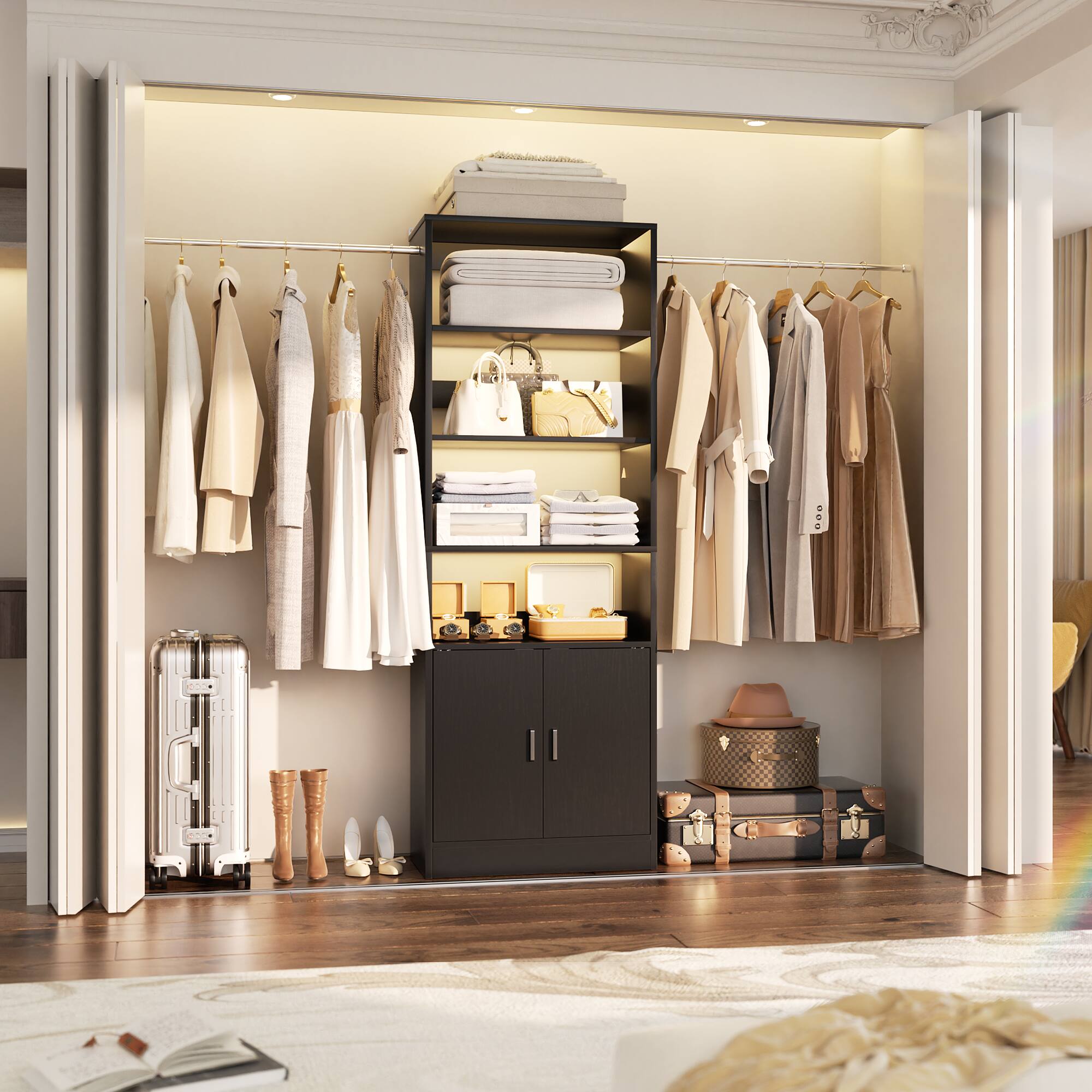 Left. Aheaplus - 8FT Heavy Duty Wall-Mount Closet Organizer System ,Adj Shelves, Hanging Rods & Storage Cabinet - Black.