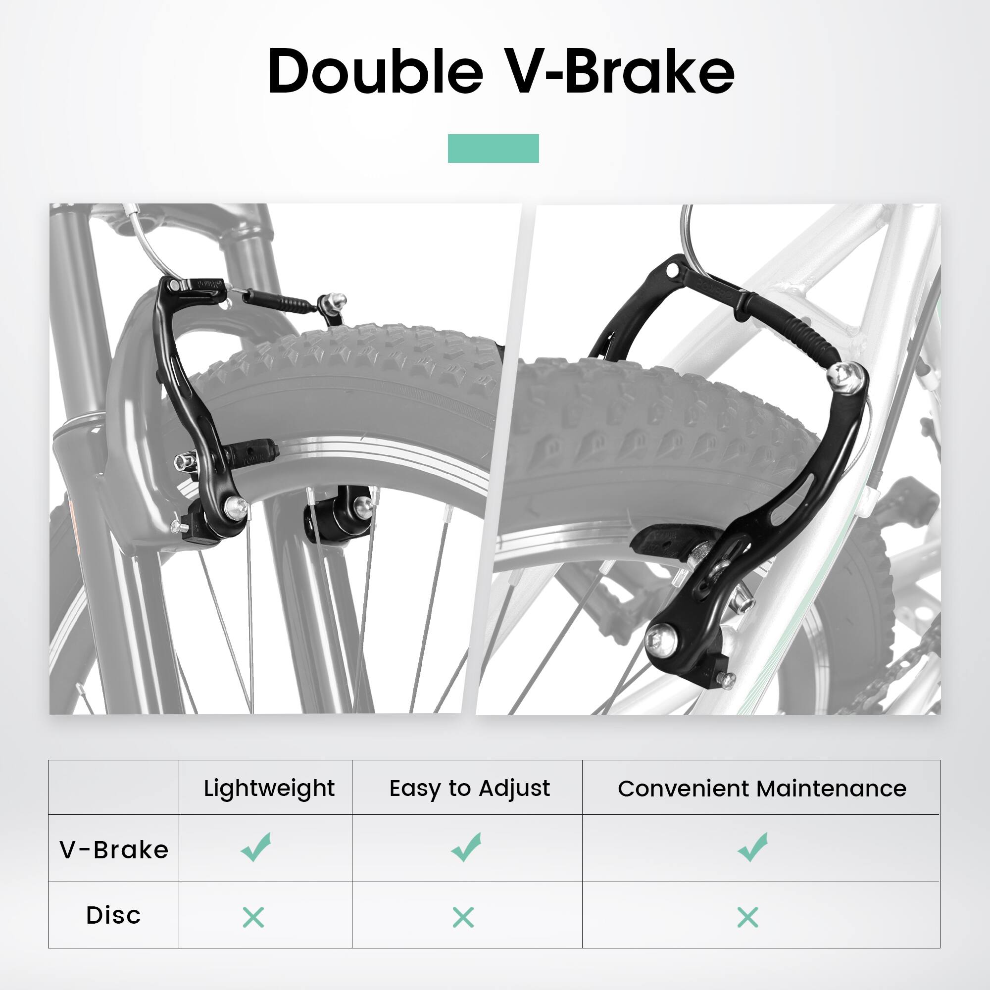 Double V-Brake

- Lightweight: ✔️
- Easy to Adjust: ✔️
- Convenient Maintenance: ✔️

V-Brake: ✔️ ✔️ ✔️

Disc: ❌ ❌ ❌