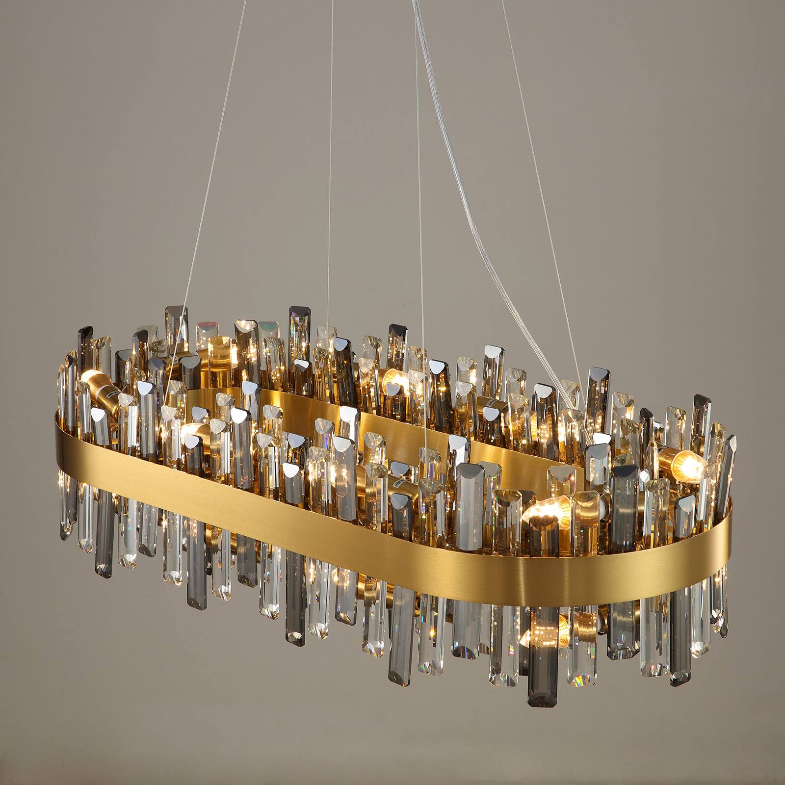 Alt View 9. Siljoy - 35.5in 16-Light Gold Smoke Oval K9 Crystal Empire Chandelier Dimmable Hardwired Linear Pendant Light for  Foyer Bedroom - Gold.