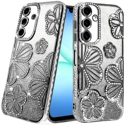 Front. Kitcheniva - Bling Floral 3D Glitter Phone Cover Plus Tempered Glass For Samsung A17 5G Black - Black.