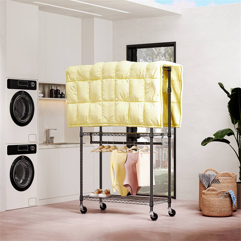 Back. ALEXOUN - 3 Tiers Heavy Duty Rolling Garment Rack -15.7" x 29.5"x 74.5",Adjustable Wire Shelving, Clothes Rack with 2 Rods & Hooks - Black.