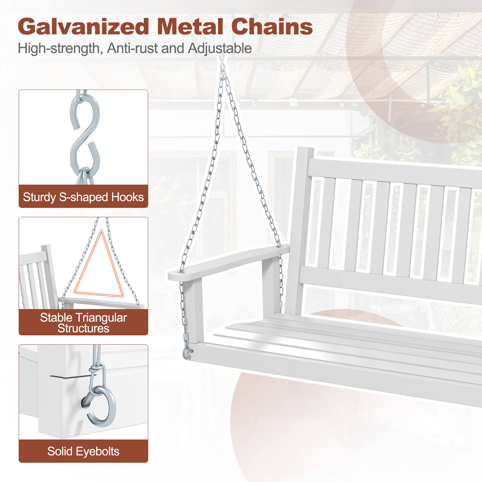 Galvanized Metal Chains  
High-strength, Anti-rust and Adjustable  

Sturdy S-shaped Hooks  
Stable Triangular Structures  
Solid Eyebolts