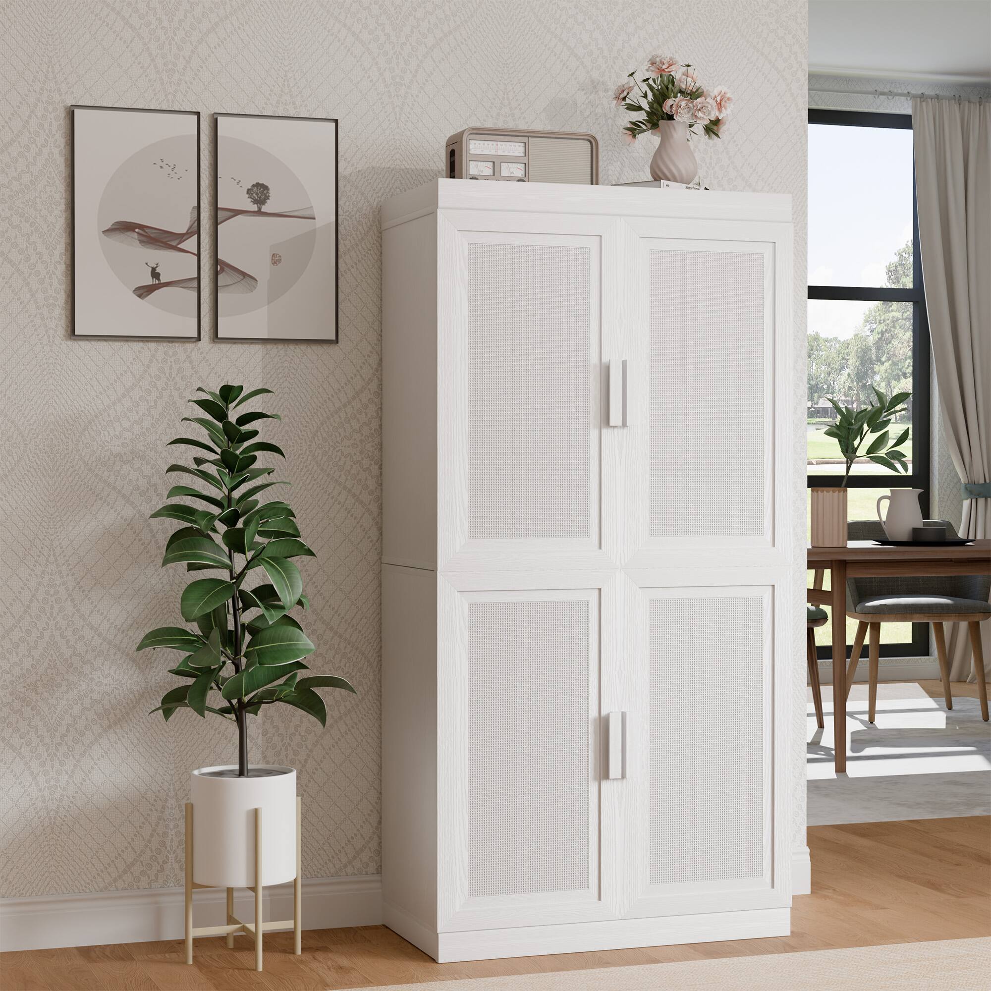 Alt View 1. PexFix - 62" Kitchen Pantry Cabinet, Oak Freestanding Storage Cabinet with Woven Doors and Adjustable Shelves for Dining Room - White.