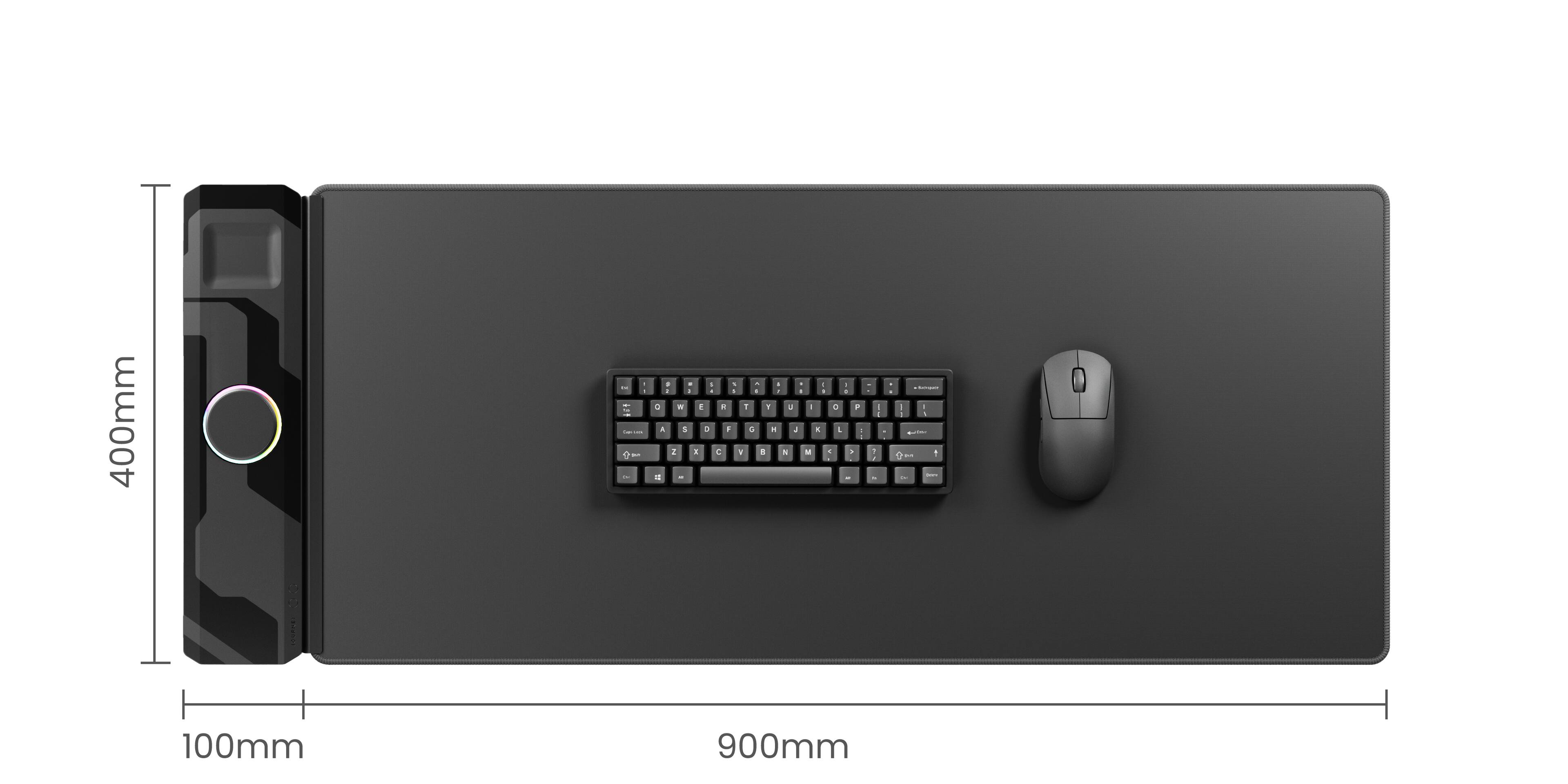 The text on the image reads: "400mm d - - - 9 - - - . - . - d . . - . .  - . . 1 F A & + . a - 2 . C . & - a - 4 . I - ! - . . 0 P A . . . - I - F - I . . - + : I - I 100mm 900mm." This text appears to be a measurement or a description of the keyboard and mouse on the black surface.