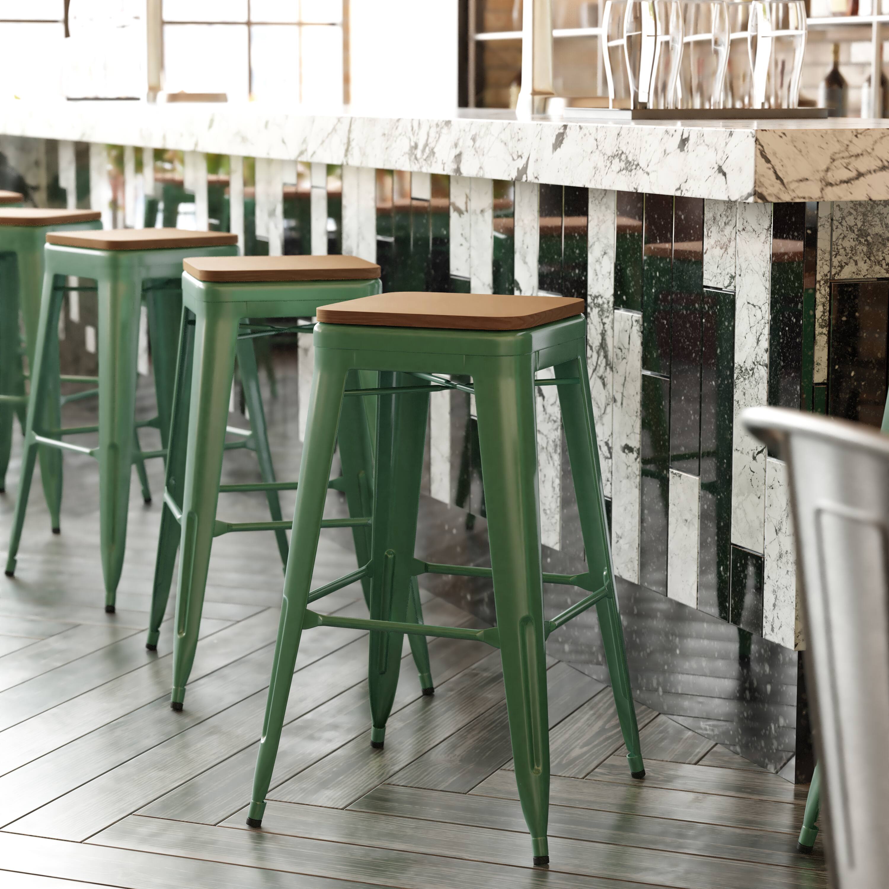 Alt View 1. Emma + Oliver - Kam Backless Metal Indoor-Outdoor Stool with All-Weather Polystyrene Seat - Teak Seat/Green Frame.