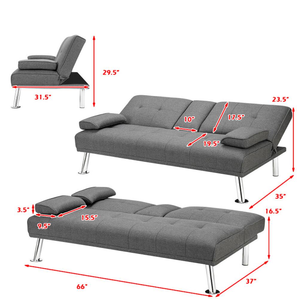 Left. Hivvago - Adjustable Fabric Futon Sofa Bed with Dual Cup Holders and Foldable Design - Light Gray.
