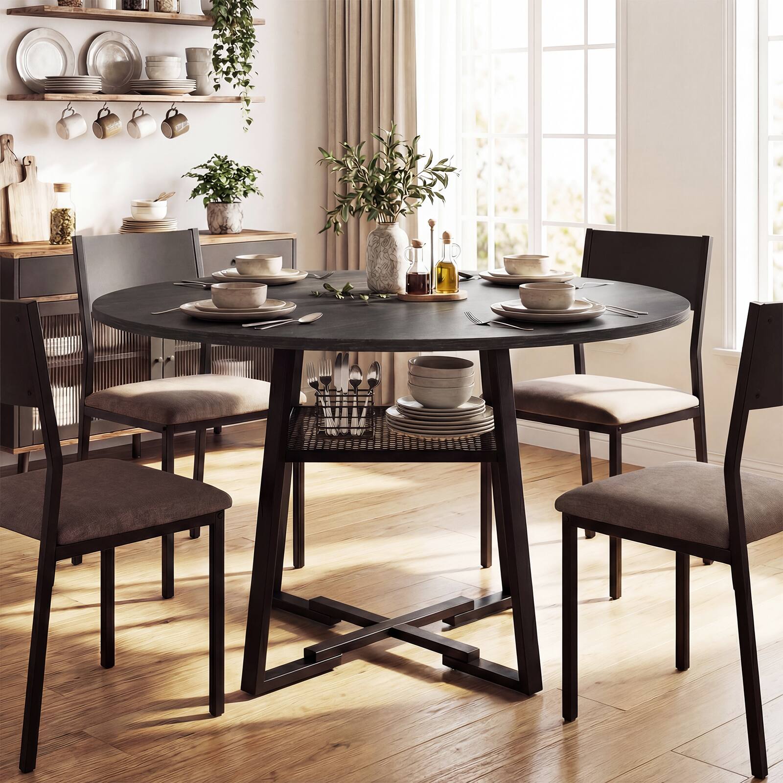 Alt View 4. Gymax - Gymax Round Dining Table for 4-6 47.5'' Dining Room Table w/Storage Shelf & Metal Legs Black - Black.