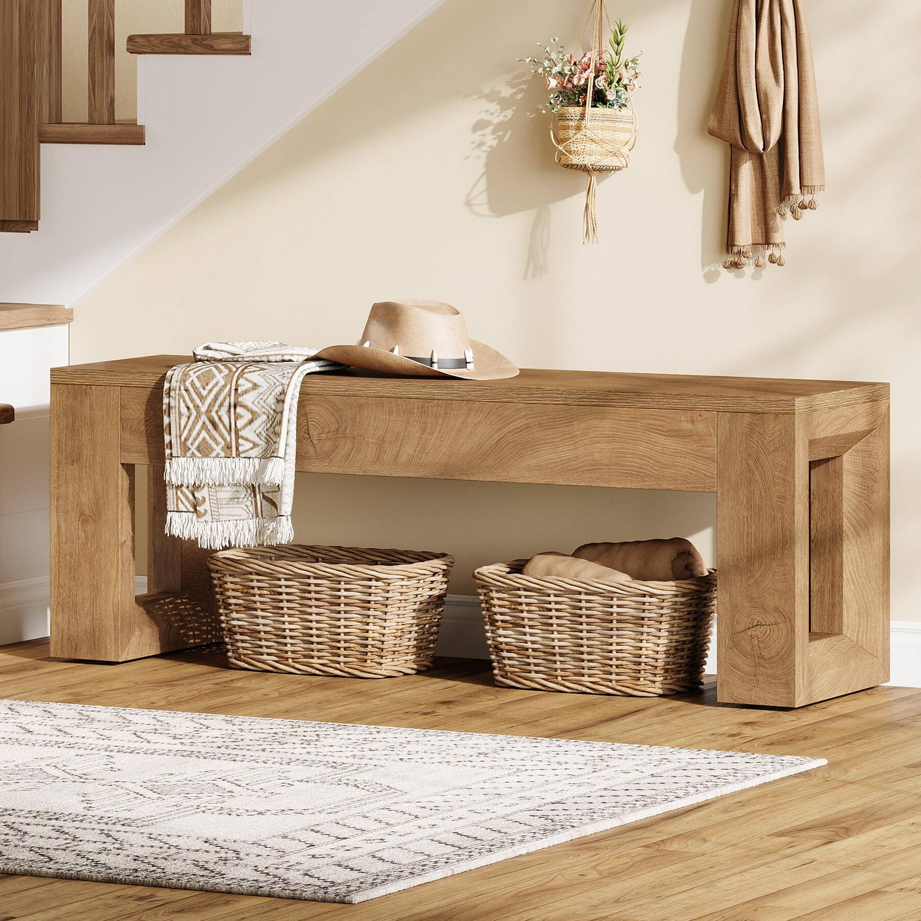 Alt View 4. Tribesigns - 47" Entryway Bench, Farmhouse Long Bench Seat for Dining Room, Living Room, Entryway, Hallway, Natural Wood Color - Wood Color.