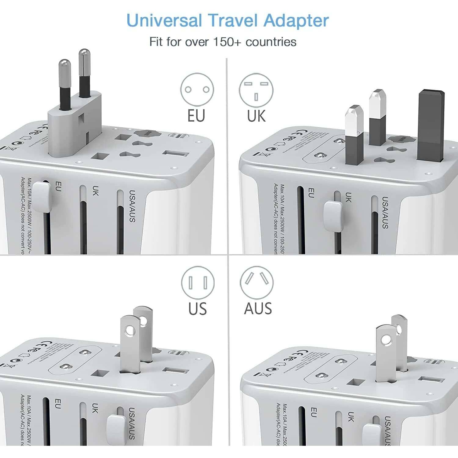 Universal Travel Adapter  
Fit for over 150+ countries  

EU Adapter (AC-AC)  
Max. 10A / Max. 2500W  
100-250V  

UK Adapter (AC-AC)  
Max. 10A / Max. 2500W  
100-250V  

US Adapter (AC-AC)  
Max. 10A / Max. 2500W  
100-250V  

AUS Adapter (AC-AC)  
Max. 10A / Max. 2500W  
100-250V  

EU  
UK  
USA/AUS