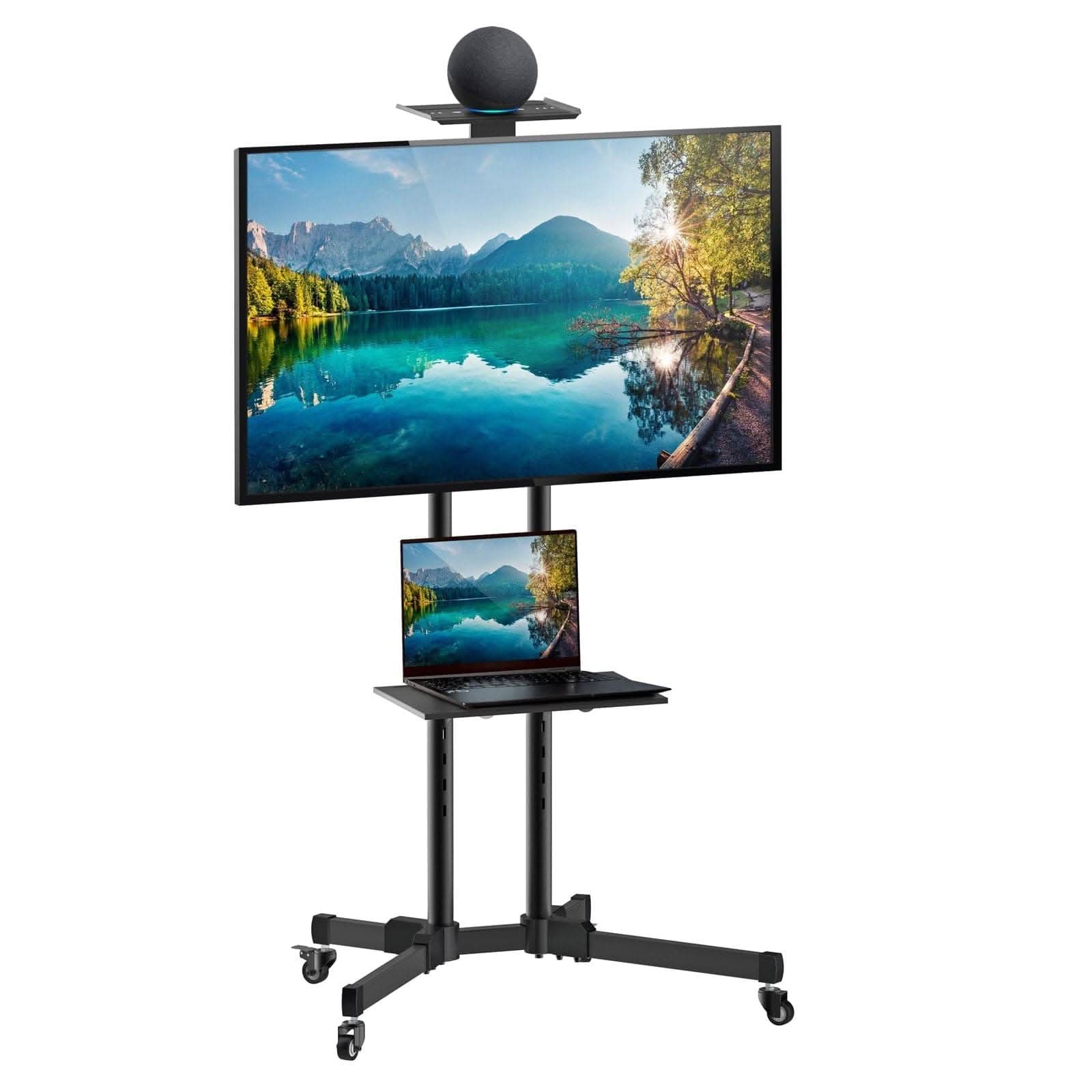 Angle. Mount-It! - Adjustable Mobile TV Cart with Shelf, Tilt, and Locking Wheels for Flat-Screen TVs, Black - Black.