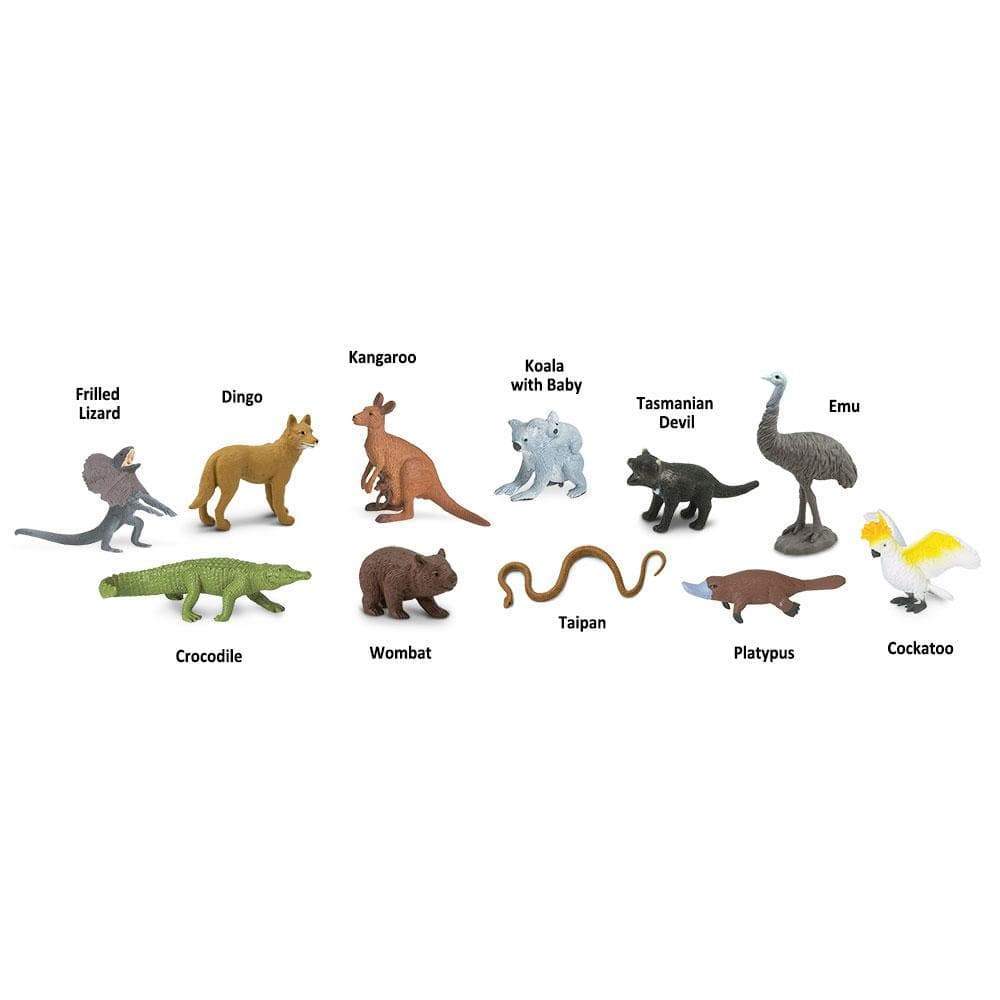 Frilled Lizard, Dingo, Kangaroo, Koala with Baby, Tasmanian Devil, Emu, Crocodile, Wombat, Taipan, Platypus, Cockatoo