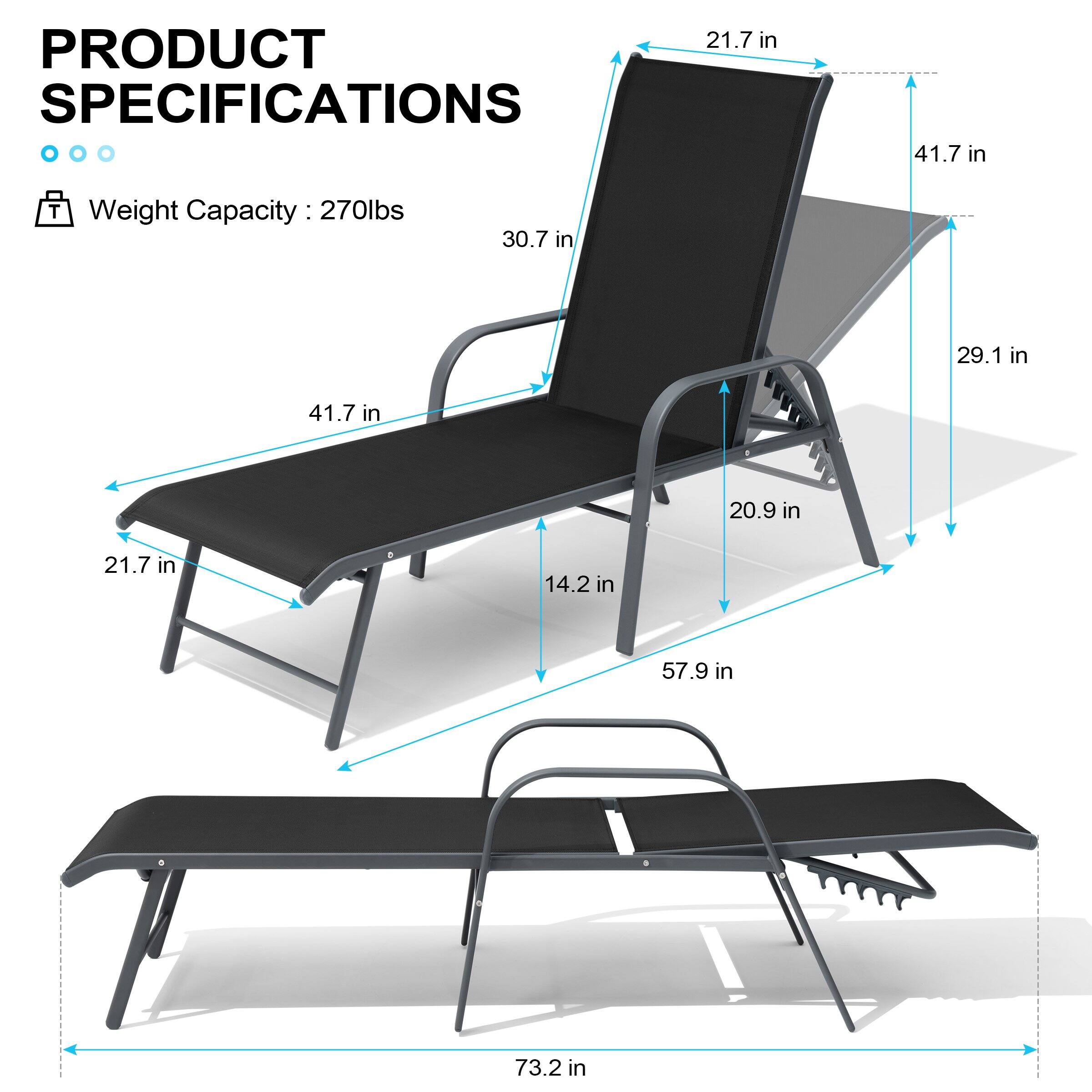 PRODUCT SPECIFICATIONS

Weight Capacity: 270lbs

- 21.7 in
- 41.7 in
- 30.7 in
- 29.1 in
- 20.9 in
- 14.2 in
- 57.9 in
- 73.2 in