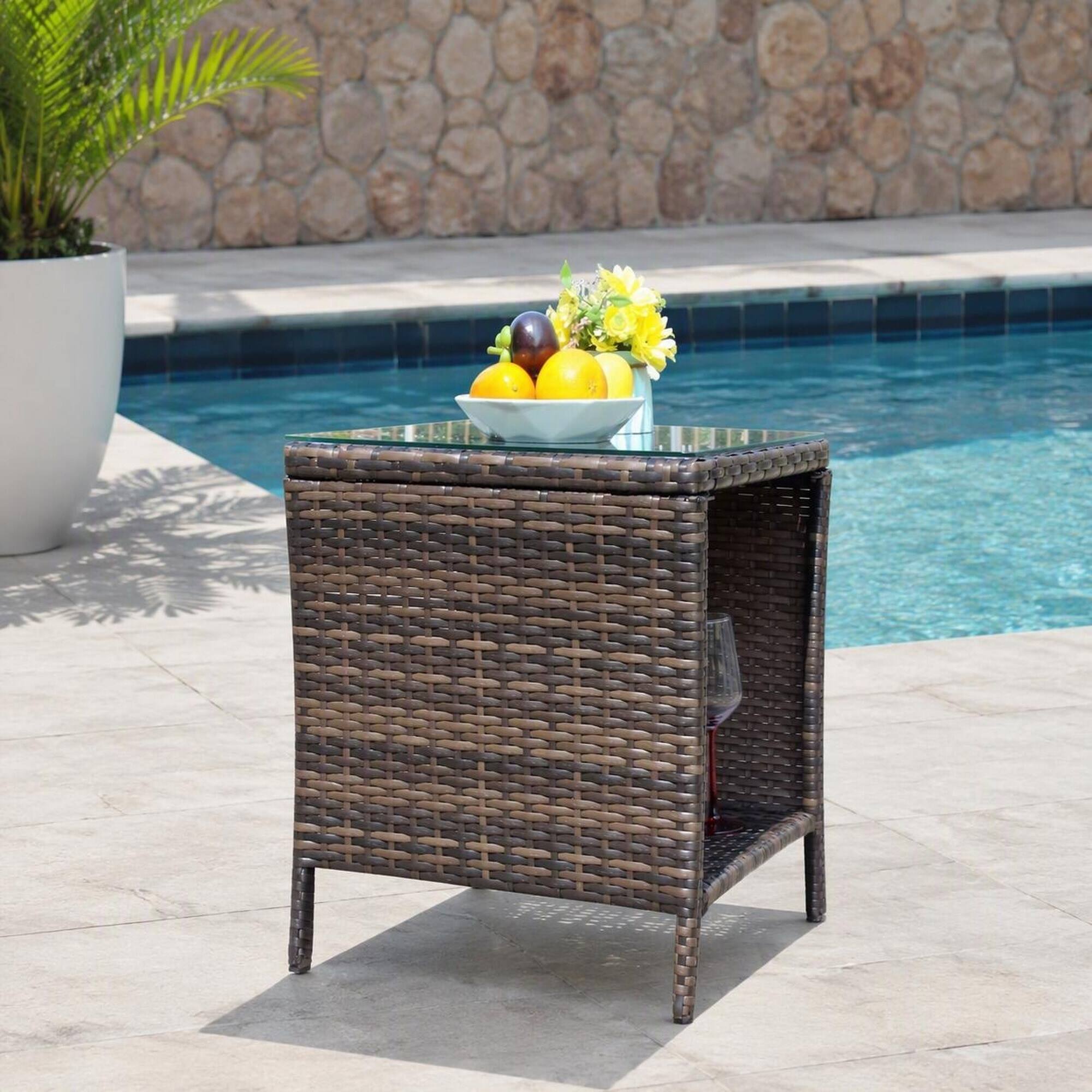 Alt View 1. RYHNUYNE - Brown Wicker Coffee Table with Clear Tempered Glass Top, Weather-Resistant Outdoor Patio Furniture - Brown.