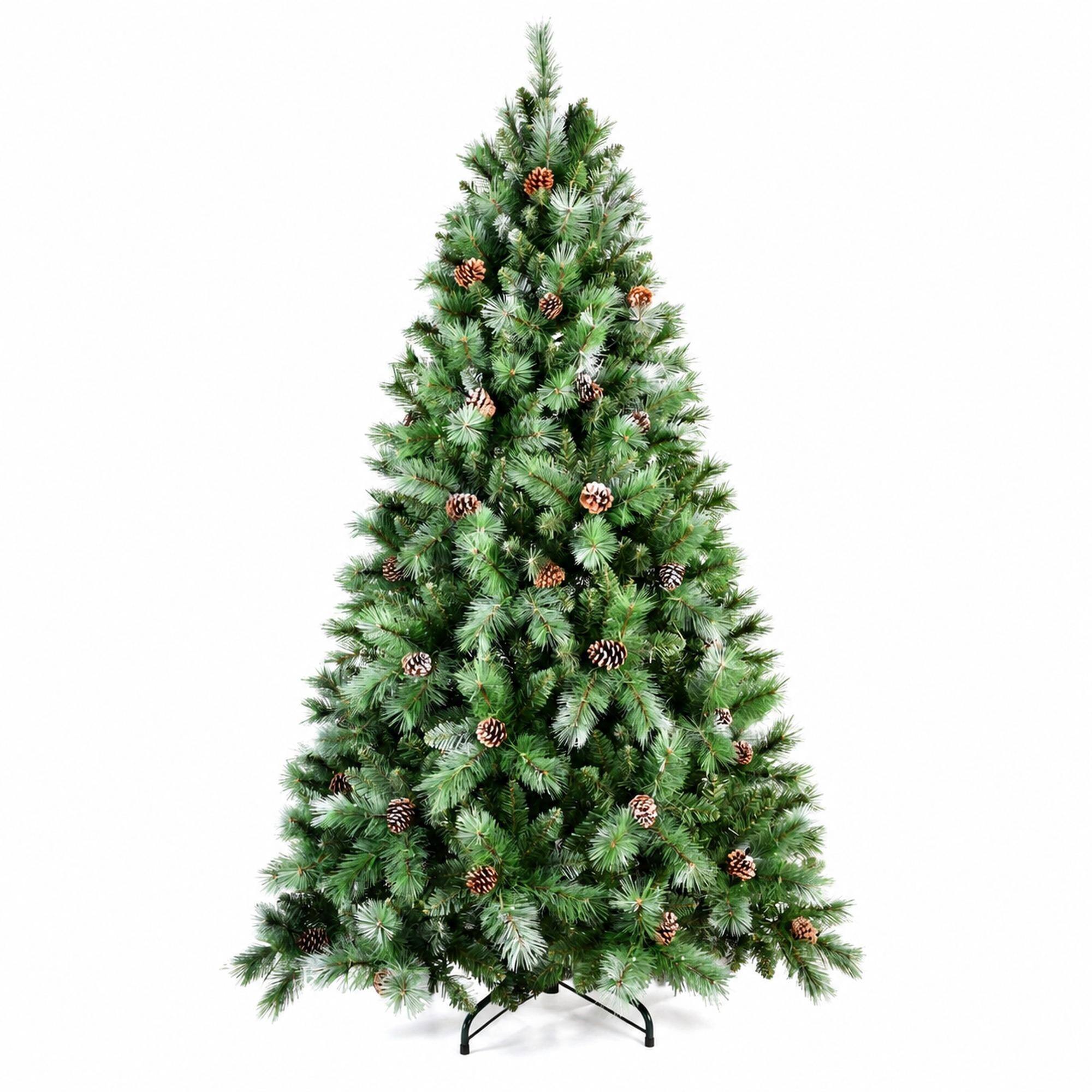 Front. RYHNUYNE - 6FT Christmas Tree With 66 Pine Cones, 988 Mixed PVC Hard Needle Branches Hinged Structure Sturdy Metal Stand - Green.