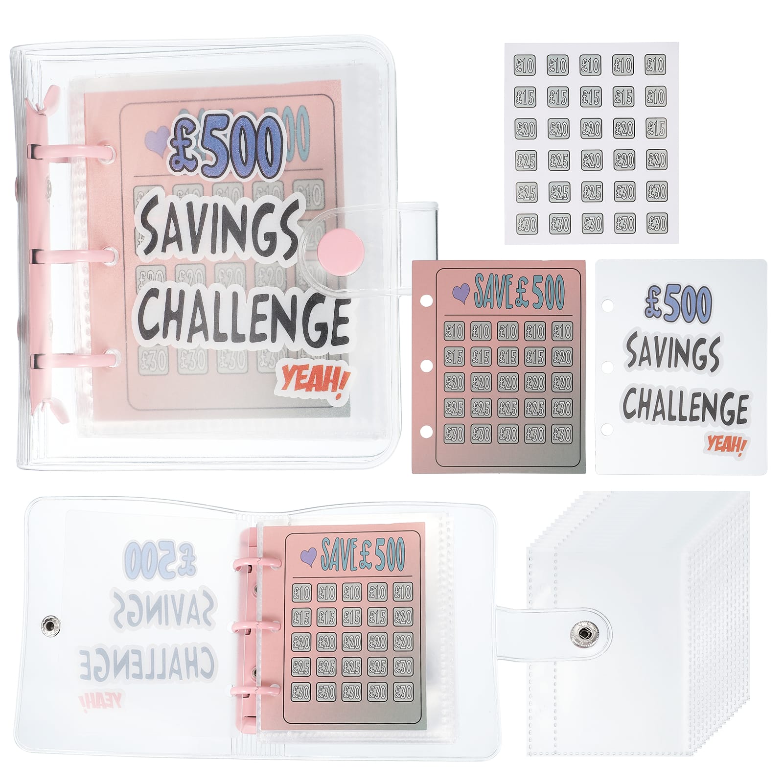 Unique Bargains - 500 Pounds Savings Challenge Book, Money Saving Binder with 25 Reusable Envelopes for Budgeting & Financial Planning - Pink