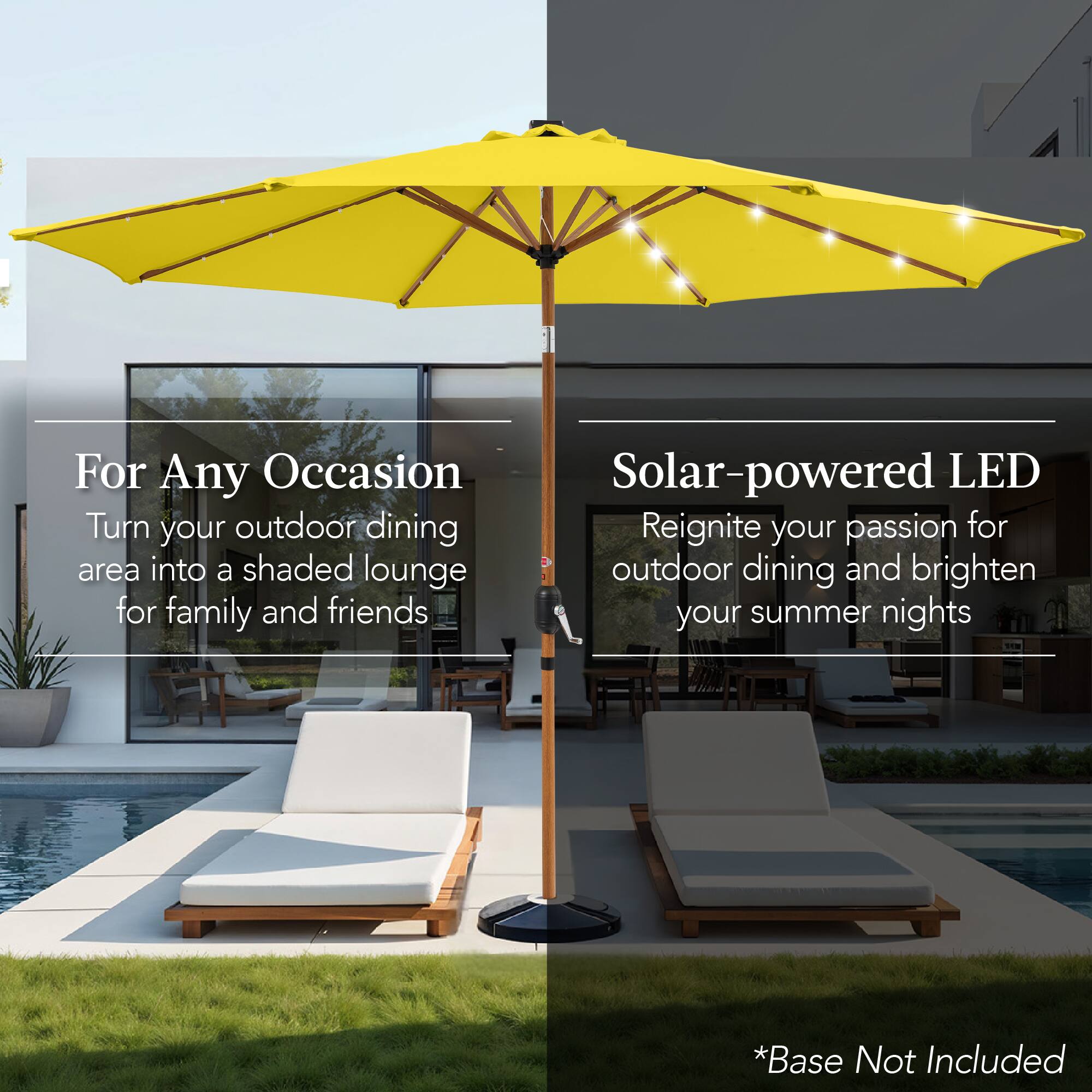 For Any Occasion: Turn your outdoor dining area into a shaded lounge for family and friends.

Solar-powered LED: Reignite your passion for outdoor dining and brighten your summer nights.

*Base Not Included
