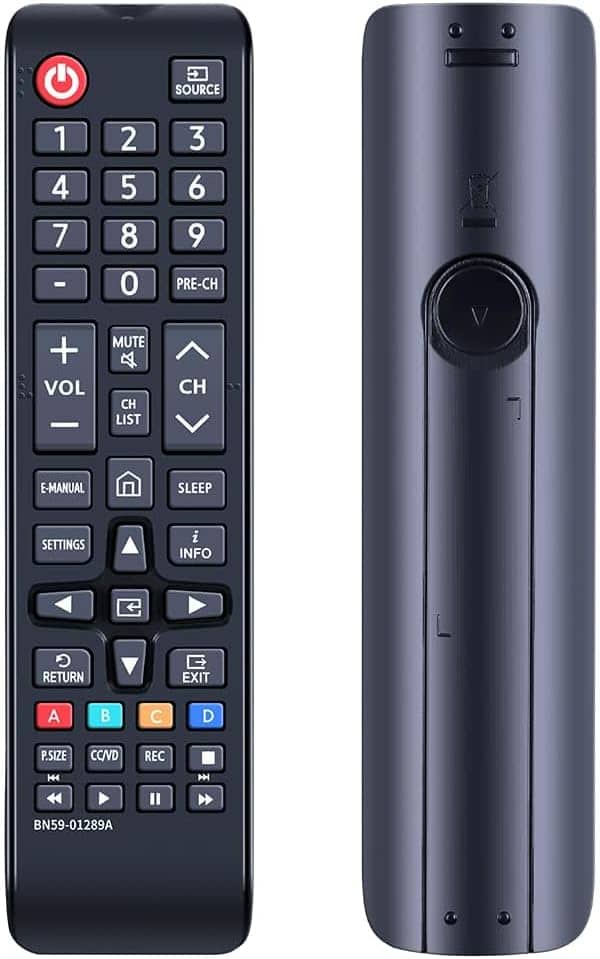 SOURCE 1 2 3 4 5 6 7 8 9 - + VOL 2 5 8 0 MUTE  CH LIST 3 6 9 PRE-CH CH V/ E-MANUAL SLEEP SETTINGS i INFO G RETURN EXIT A  C D P.SIZE CC/VD REC E  BN59-01289A