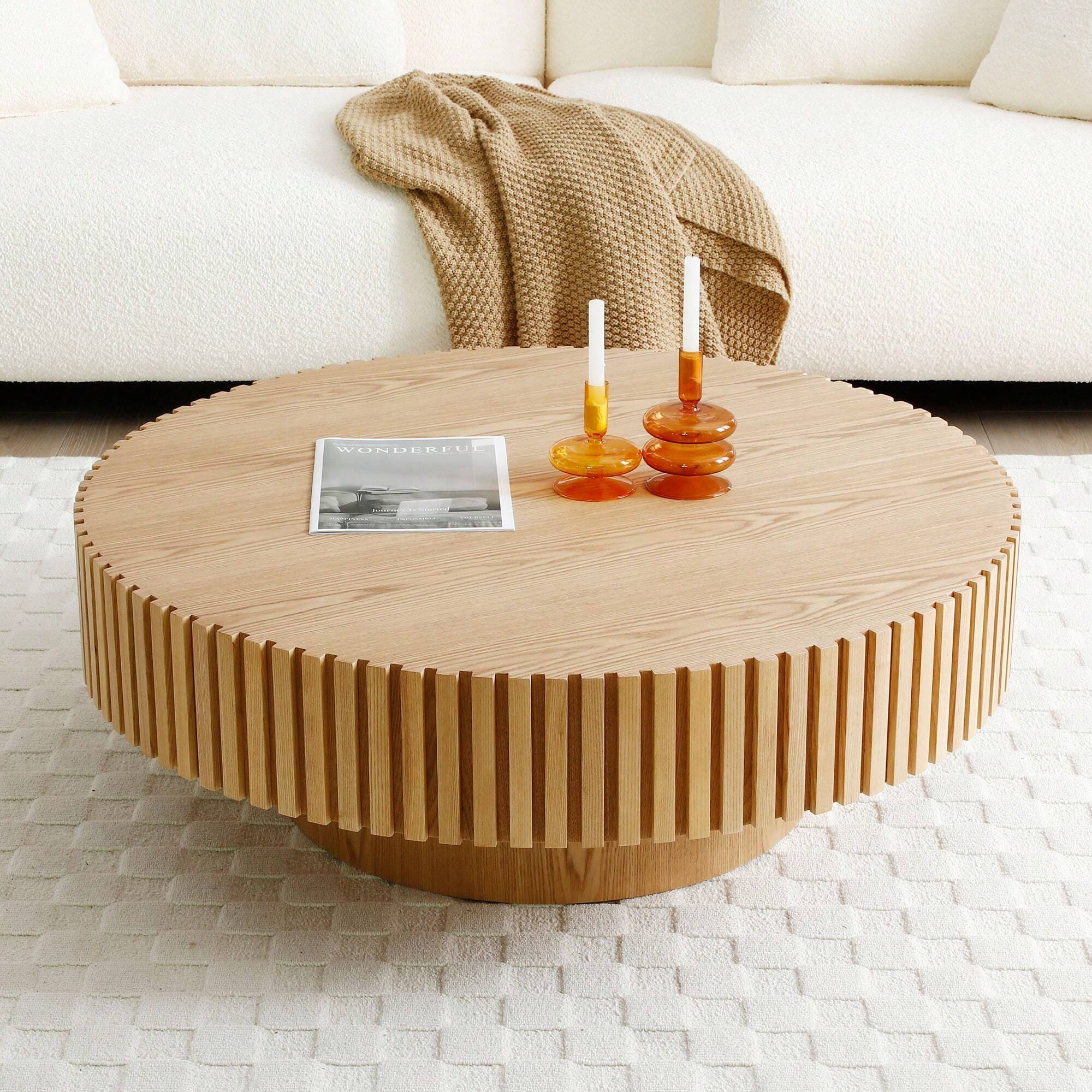 Angle. Trinkets Crazed - 39.37" Round Coffee Table Wood,Circle Coffee Table, Drum Fluted Coffee Accent End Side Center Table - Natural.