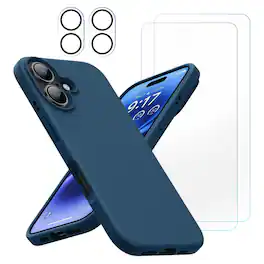 Bundle - Entronix - 5-in-1 for iPhone 17 - Liquid Silicone Case with Screen and Camera Protectors - Navy Blue