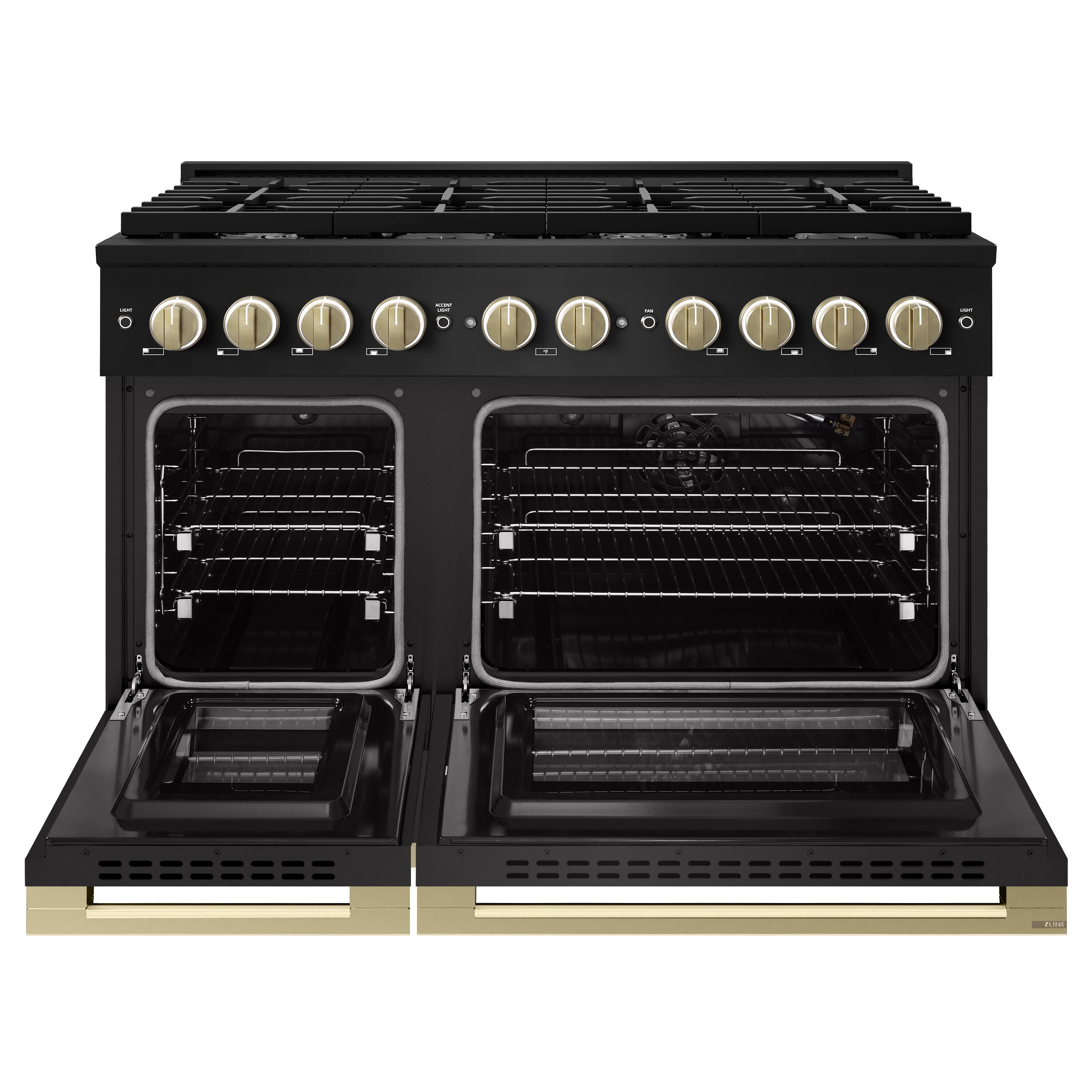 Angle. ZLINE - Autograph 48 in. 6.7 cu. ft. Marino Freestanding Double Oven Gas Range with 8 Burners and Champagne Bronze Accents - Black Stainless Steel.