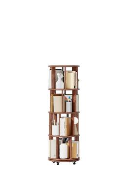 Ecooso - 100%Solid Wood Rotating Bookshelf on Wheels, 4 Tier, 360° Spinning Book Shelf Tower for Kids, Narrow Rolling Bookshelves - Rustic Brown
