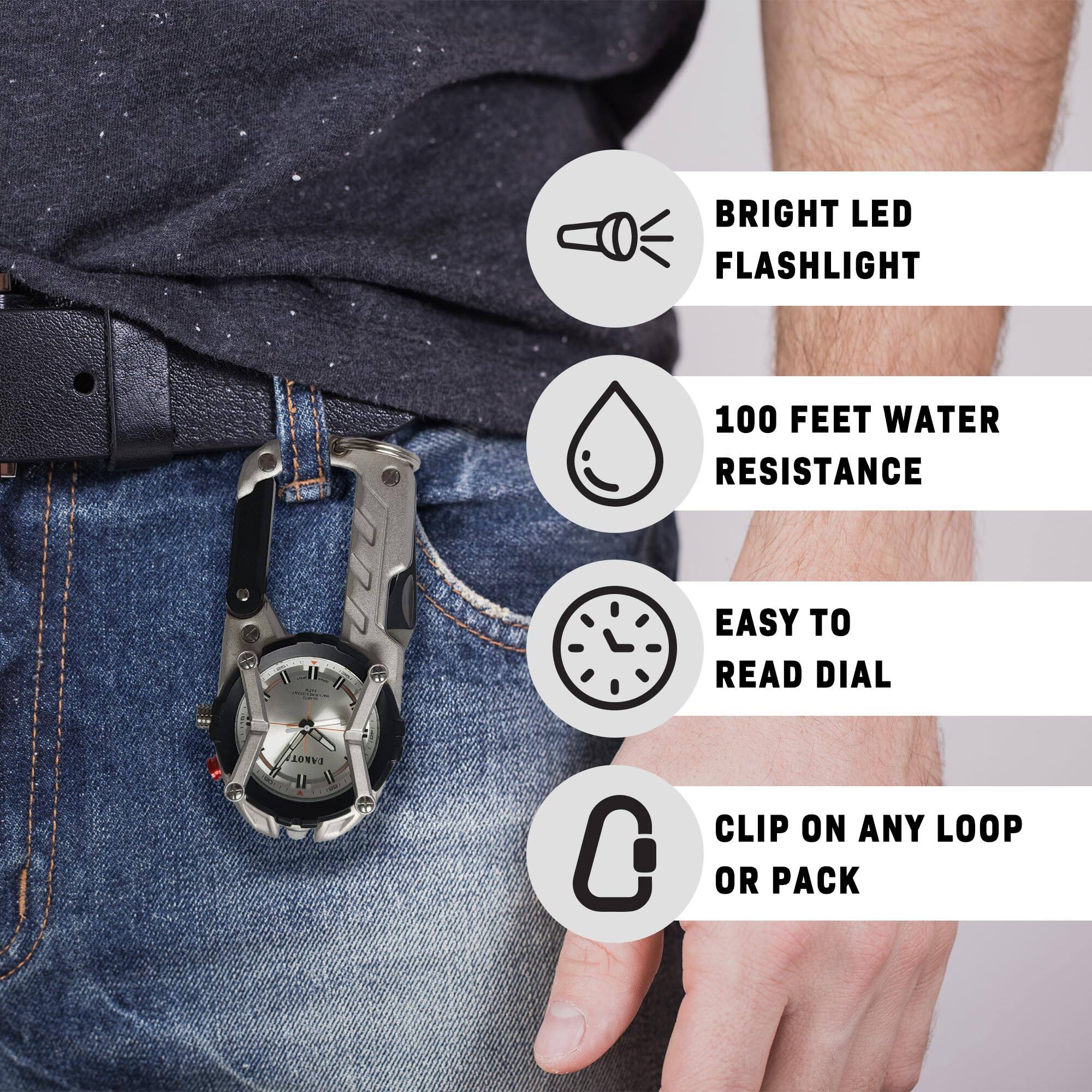 BRIGHT LED FLASHLIGHT  
100 FEET WATER RESISTANCE  
EASY TO READ DIAL  
CLIP ON ANY LOOP OR PACK