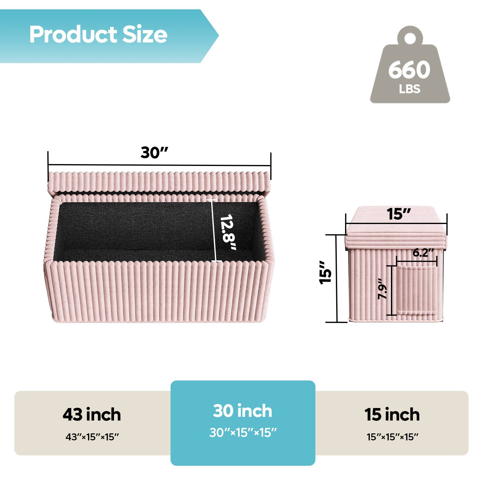 Product Size, 660 LBS, 30", 12.8", 15", 15", 6.2", 7.9", 43 inch, 43"x15"x15", 30 inch, 30"x15"x15", 15 inch, 15"x15"x15"