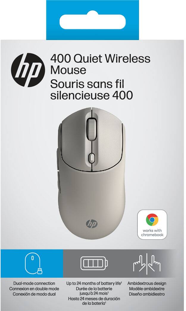 400 Quiet Wireless Mouse  
Souris sans fil silencieuse 400  

- Dual-mode connection  
  Connexion en double mode  
  Conexión de modo dual  

- Up to 24 months of battery life  
  Durée de la batterie jusqu'à 24 mois  
  Hasta 24 meses de duración de la batería  

- Ambidextrous design  
  Modèle ambidextre  
  Diseño ambidiestro  

works with chromebook