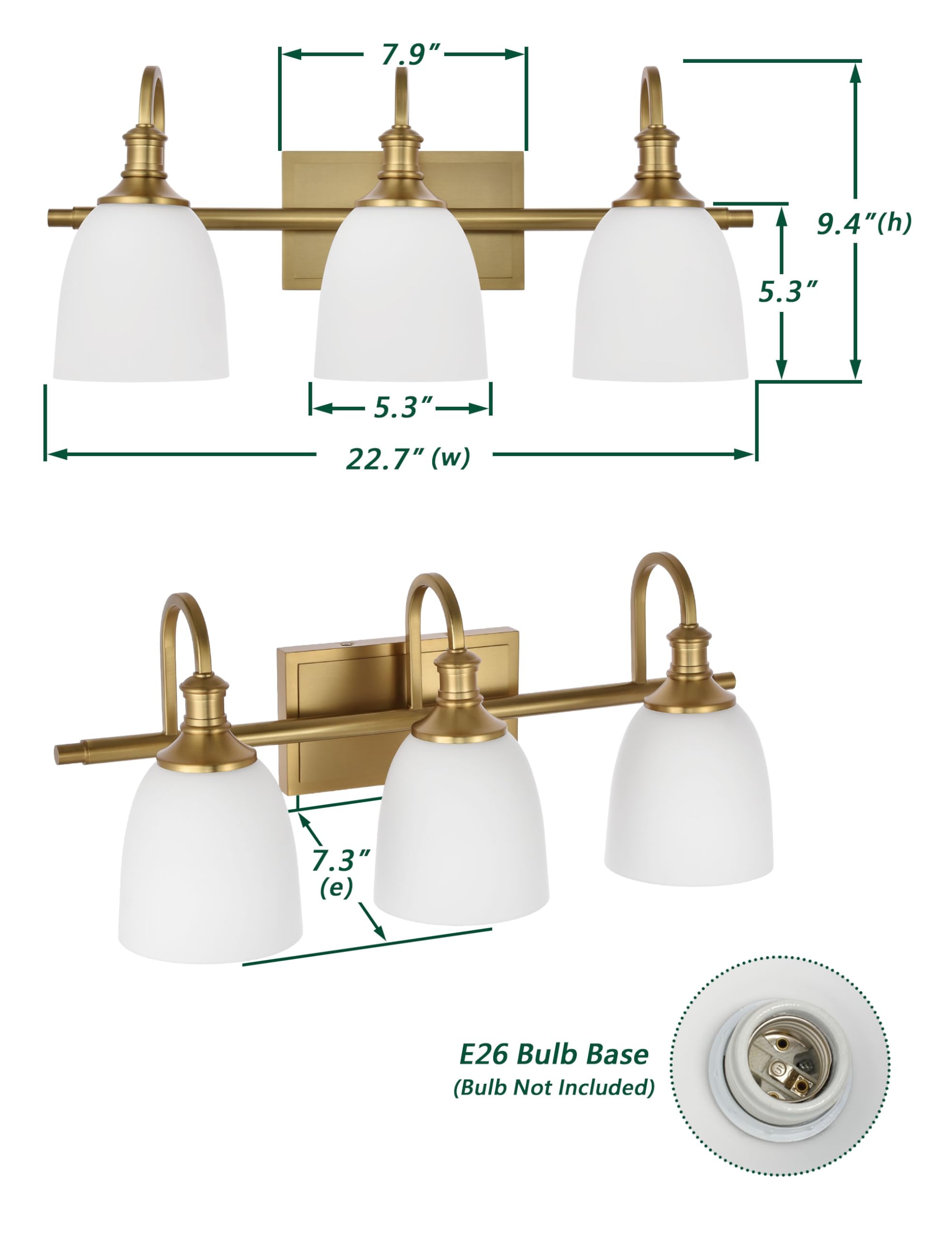 7.9"  
9.4" (h)  
5.3"  
22.7" (w)  
7.3" (e)  
E26 Bulb Base (Bulb Not Included)