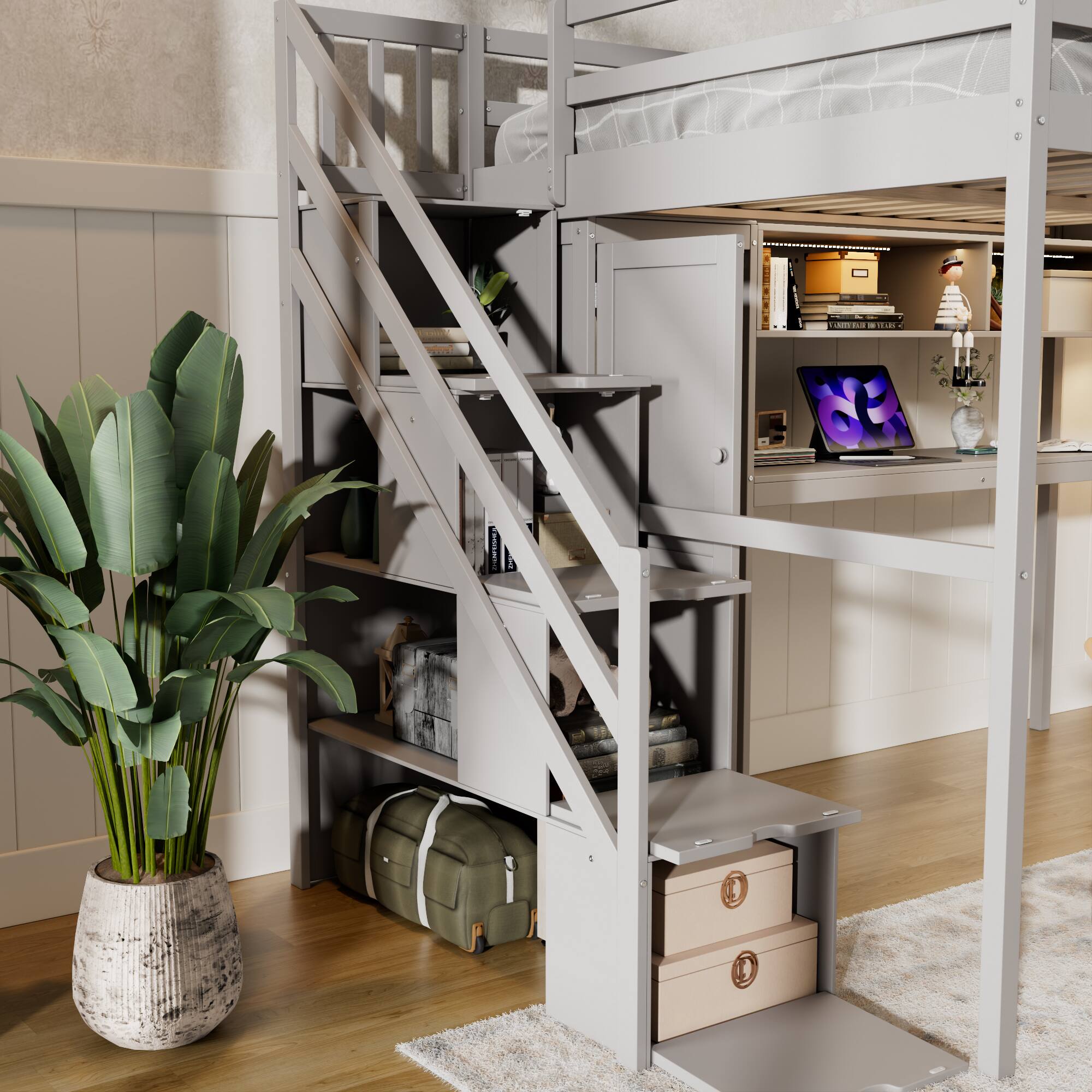 Alt View 1. Anysun - Full Loft Bed Frame with Built-In Wardrobe, Study Desk, Storage Shelves & Lights, Space-Saving Design for Bedroom - Gray.