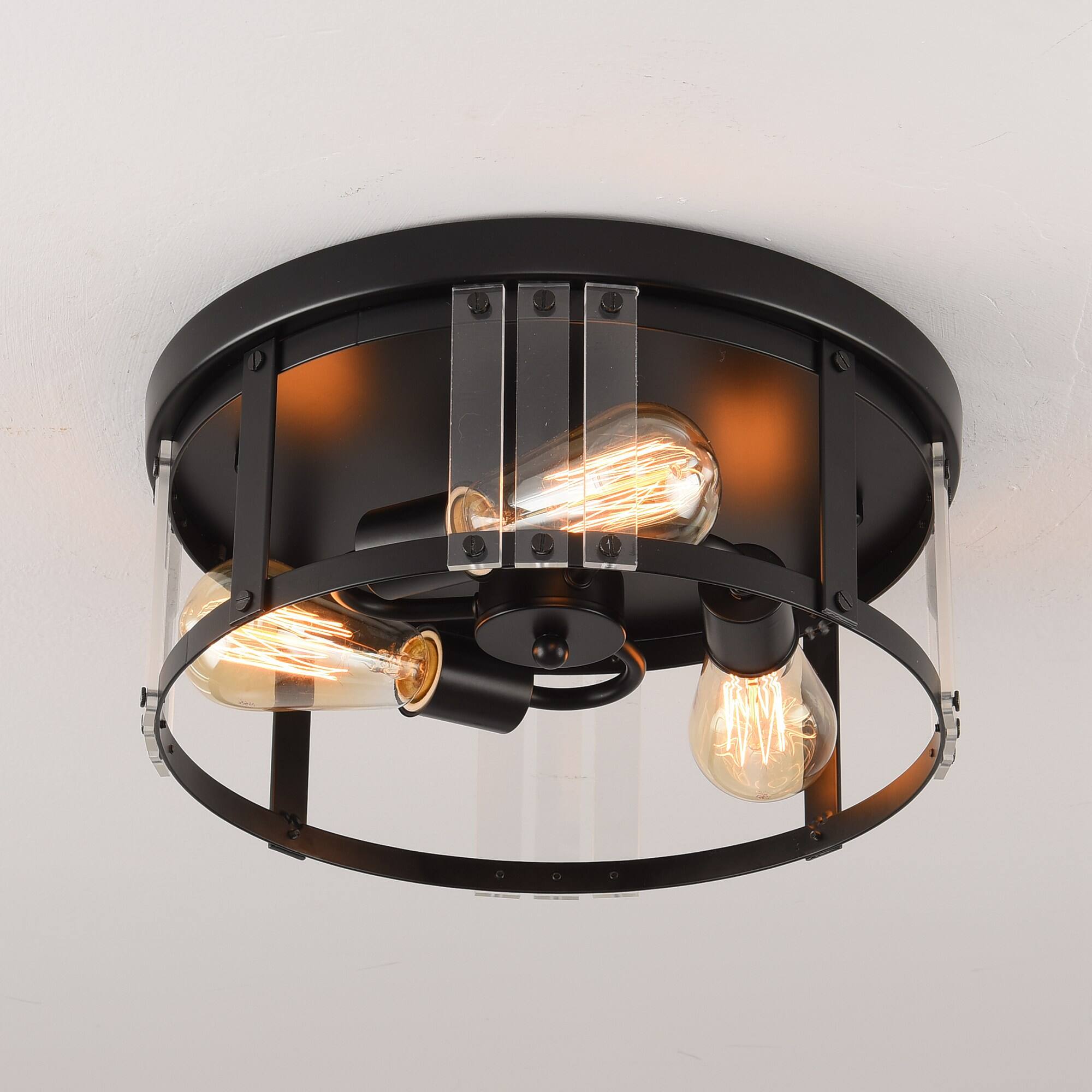 Angle. Parrot Uncle - 13.3" Industrial Matte Black 3-Light Flush Mount Ceiling Light - Matte Black.