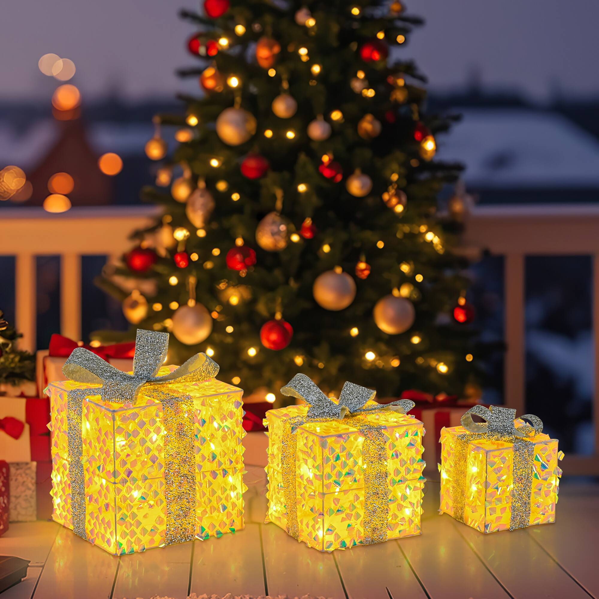 Alt View 3. Gymax - Gymax 3 PCS Christmas Lighted Gift Boxes w/ 90 LED Lights Zip Ties Ground Stakes - Warm White.