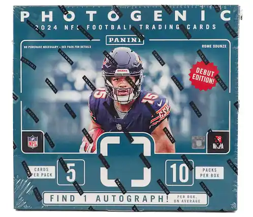Sure, here is the corrected and grouped text from the image:
---
**PHOTOGENIC**
2024 NFL FOOTBALL TRADING CARDS
PANINI
NO PURCHASE NECESSARY - SEE PACK FOR DETAILS
ROME ODUNZE
DEBUT EDITION!
5 CARDS PER PACK
10 PACKS PER BOX
FIND 1 AUTOGRAPH! ON AVERAGE PER BOX
---
This text is organized to reflect the information presented on the packaging.