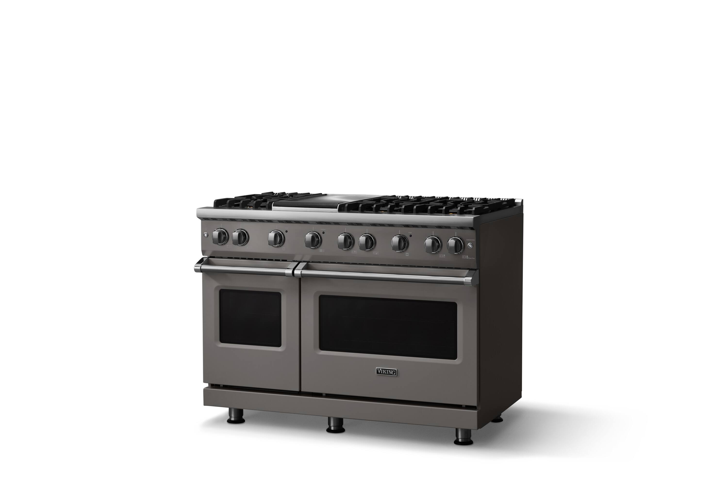 Angle. Viking - 48 in. Wide 6 Burner Pro 5 Series 6.1 Cu. Ft. Freestanding Sealed Burner Gas Convection Range w. Griddle - Damascus Gray - Damascus Gray.