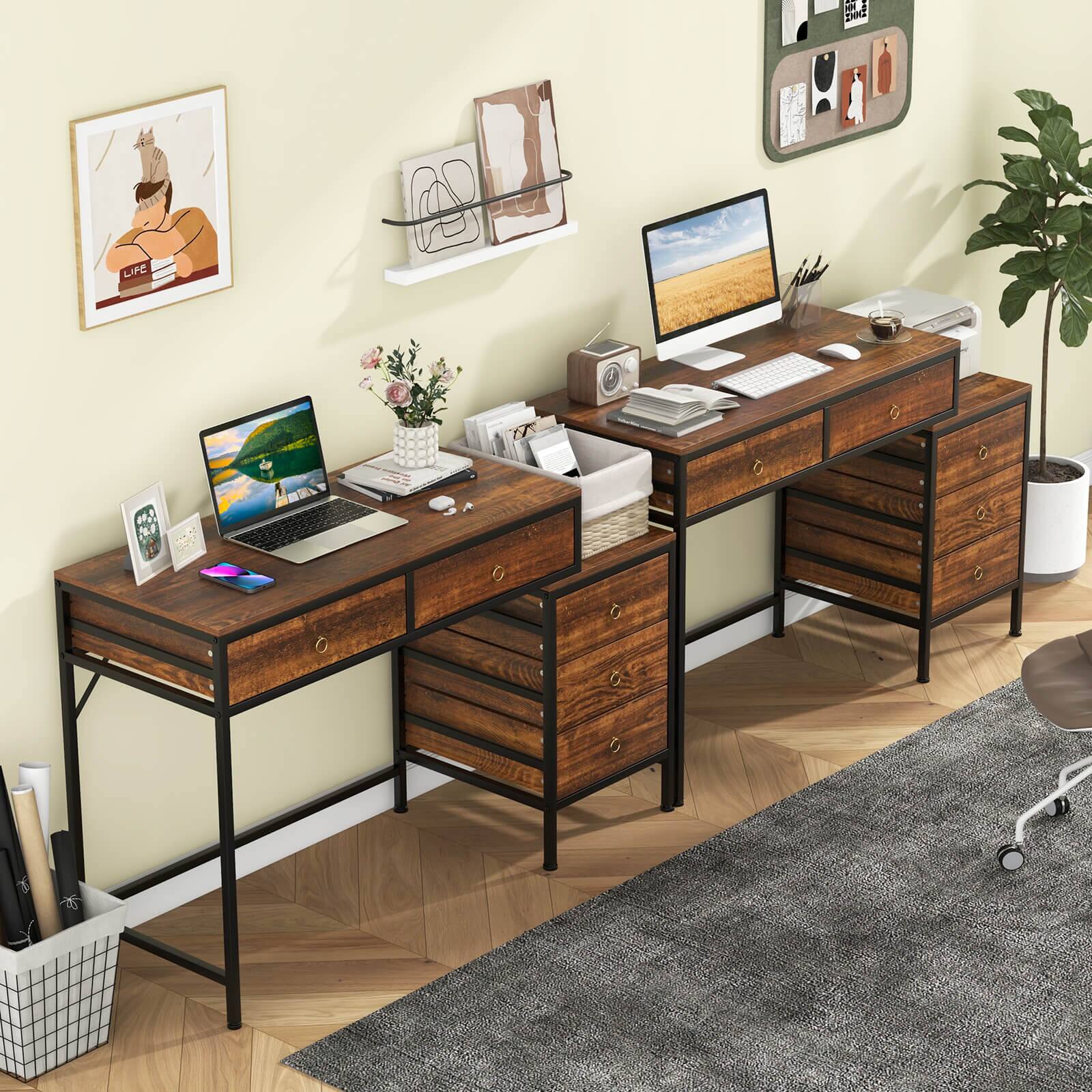 Alt View 4. Costway - Costway Computer Desk with 5 Drawers, Side File Cabinet, Heavy-duty Metal Frame for Office - Rustic Brown & Black.