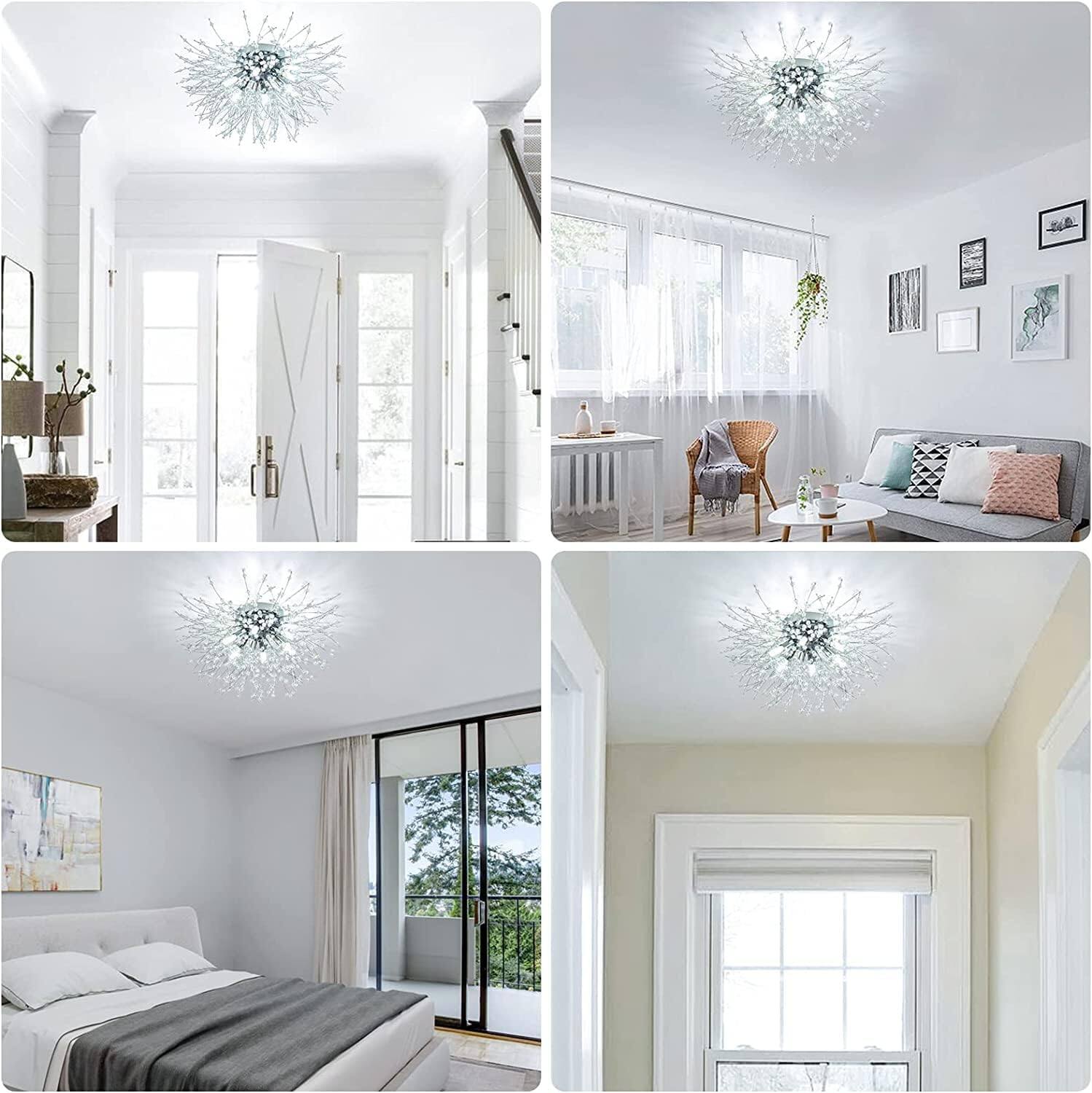 Alt View 3. MERAVOM - Flush Mount Ceiling Lights, Crystal Sputnik Firework Close to Ceiling Lamp LED Ceiling Lighting Fixtures for Bedroom - Silver.