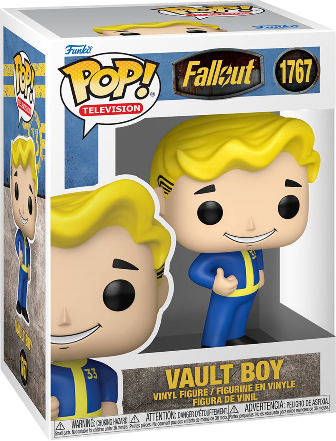 Sure, here is the corrected and grouped text from the image:

---

**Funko POP! TELEVISION**

**Fallout 1767**

**VAULT BOY**

**VINYL FIGURE / FIGURINE EN VINYLE / FIGURA DE VINIL**

**WARNING: CHOKING HAZARD. Small parts. Not suitable for children under 36 months.**

**ADVERTENCIA: PELIGRO DE ASFIXIA. Piezas pequeñas. No es adecuado para niños menores de 36 meses.**

**ATTENTION: DANGER D'ÉTOUFFEMENT. Petites pièces. Ne convient pas aux enfants de moins de 36 mois.**

---

This text is organized to reflect the information on the packaging, including the brand, series, character, and safety warnings.