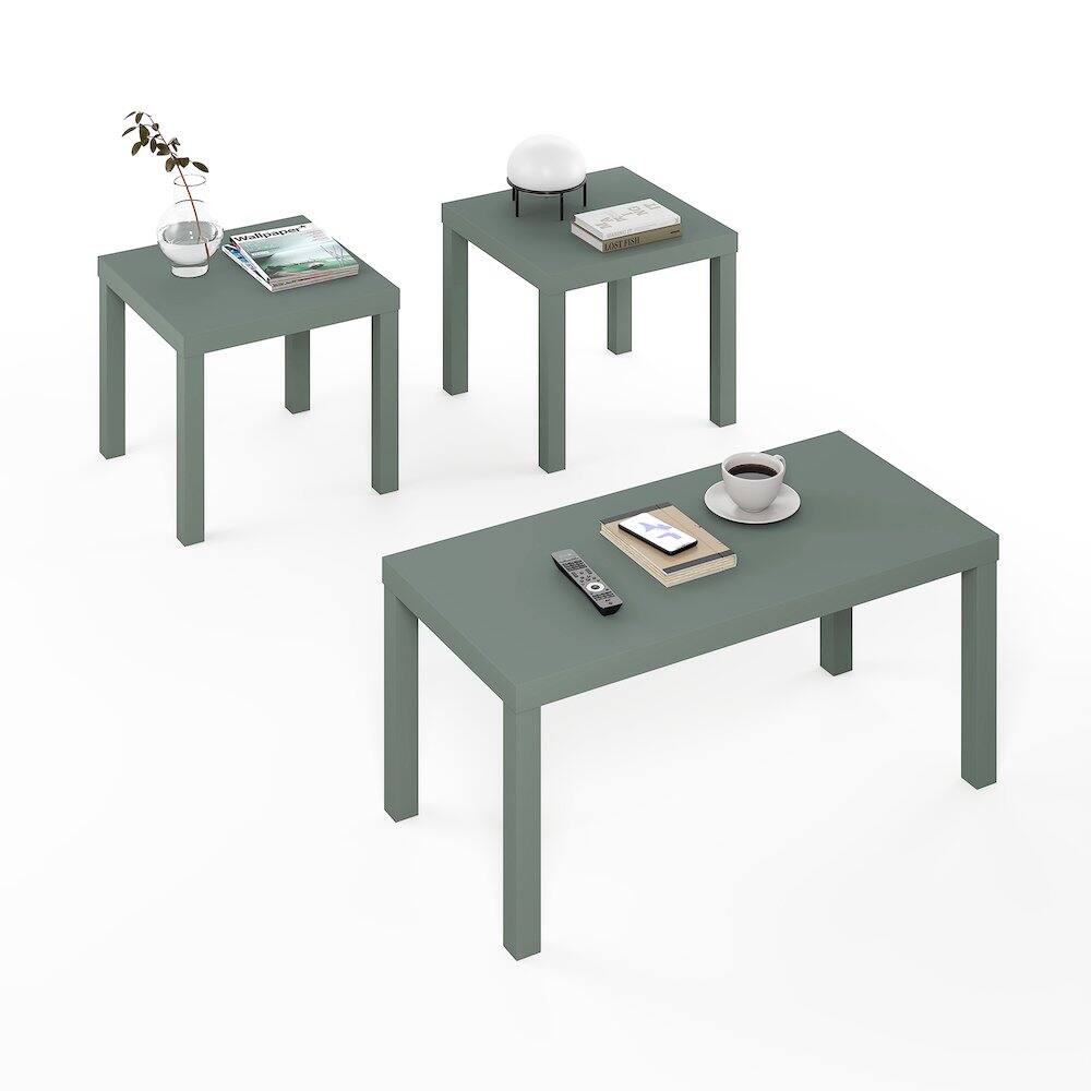 Back. Furinno - CLASSIC Set of 3 Living Room Table, Modern Rectangle Coffee Table with 2 Square Side Tables, End Tables, Thick Tabletop - Sage Green.