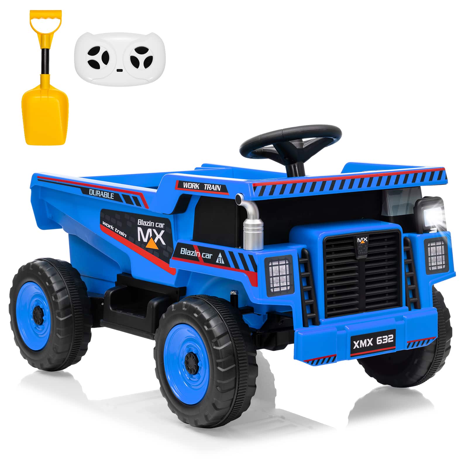 Jojoka - 12V Kids Electric Dump Truck, Ride On Construction Vehicle w/ Remote Control, Working Bed, LED Lights & Music - Blue