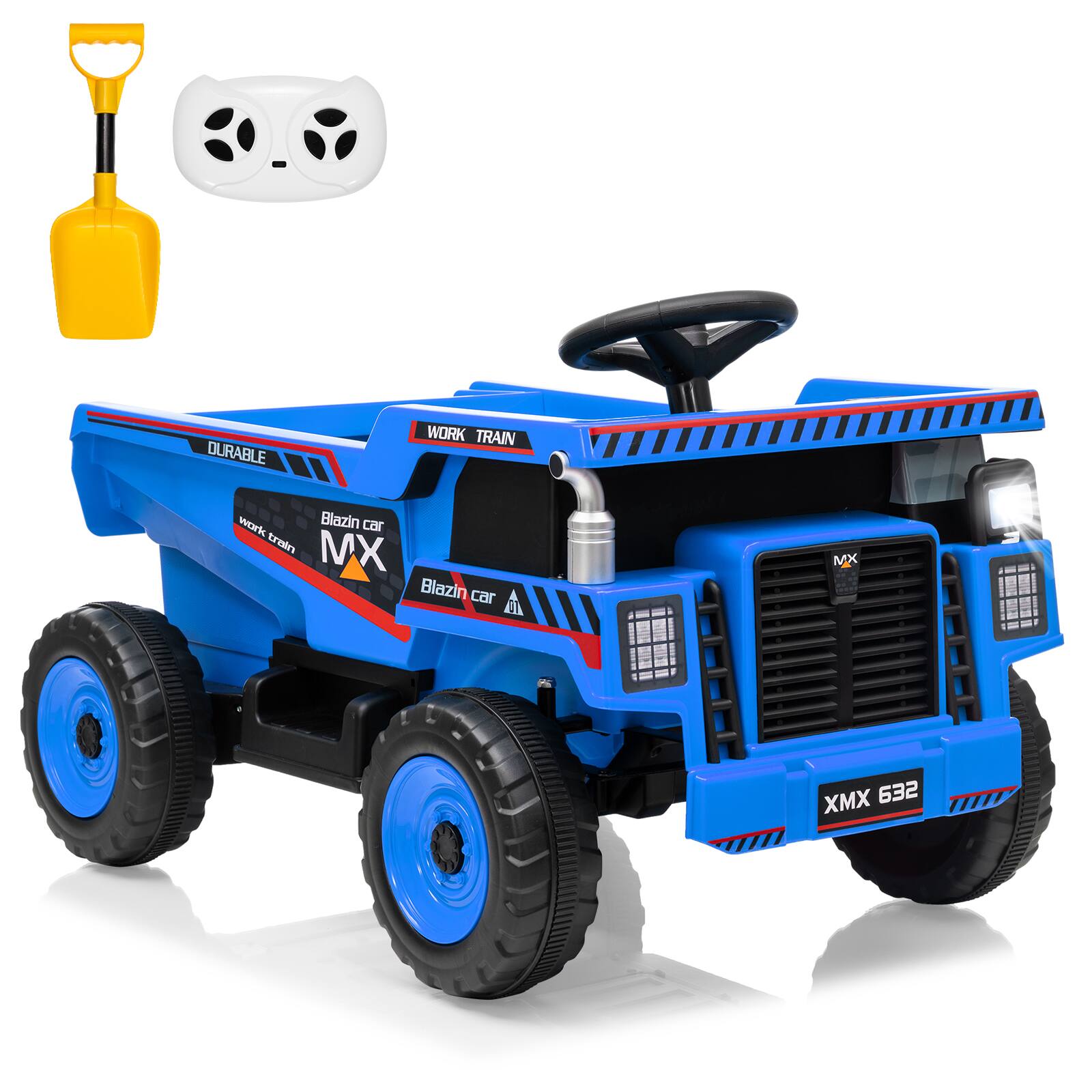 Jojoka - 12V Kids Electric Dump Truck, Ride On Construction Vehicle w/ Remote Control, Working Bed, LED Lights & Music - Blue