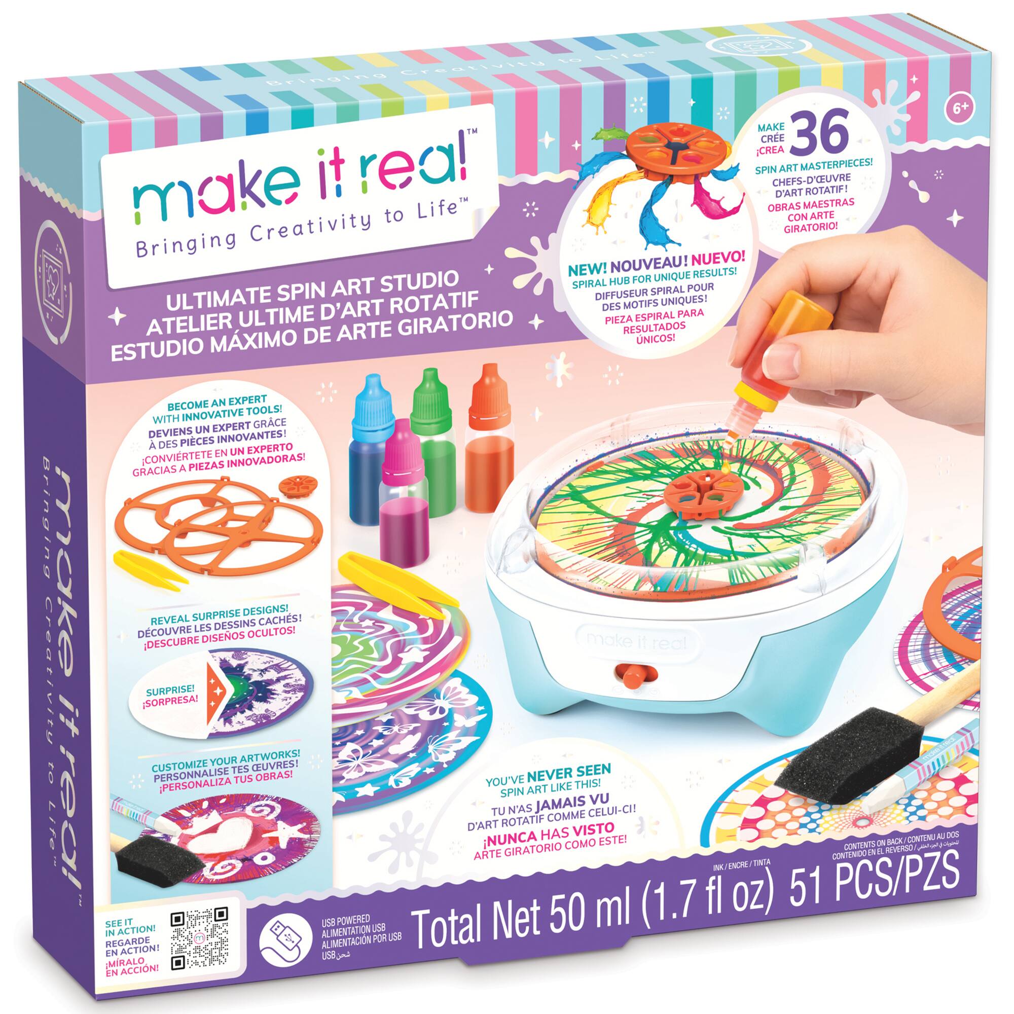 make it real!  
Bringing Creativity to Life™  

ULTIMATE SPIN ART STUDIO  
ATELIER ULTIME D'ART ROTATIF  
ESTUDIO MÁXIMO DE ARTE GIRATORIO  

BECOME AN EXPERT!  
WITH INNOVATIVE TOOLS!  
DEVENIRS UN EXPERT!  
GRÂCE À DES PIÈCES INNOVANTES!  
GRACIAS A PIEZAS INNOVADORAS!  

MAKE IT REAL!  
CREE CREA  
SPIN ART MASTERPIECES!  
CHEFS-D'ŒUVRE D'ART ROTATIF!  
OBRAS MAESTRAS  
CON ARTE GIRATORIO!  

NEW! NOUVEAU! NUEVO!  
SPIRAL HUB FOR UNIQUE RESULTS!  
DIFFUSEUR SPIRAL POUR DES MOTIFS UNIQUES!  
PIEZA DE ARTE RESULTADOS ÚNICOS!  

REVEAL SURPRISE DESIGNS!  
DÉCOUVREZ LES DÉSSINS CACHÉS!  
DESCUBRE DISEÑOS OCULTOS!  
SURPRISE!  

CUSTOMIZE YOUR ARTWORKS!  
PERSONNAL