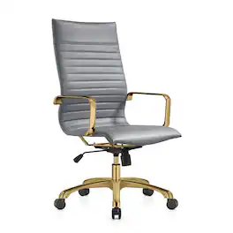 LeisureMod - Harris Ergonomic High-Back Office Chair Leather Upholstery, Adjustable Swivel, Tilt, and Gold Stainless Steel Frame - Gray